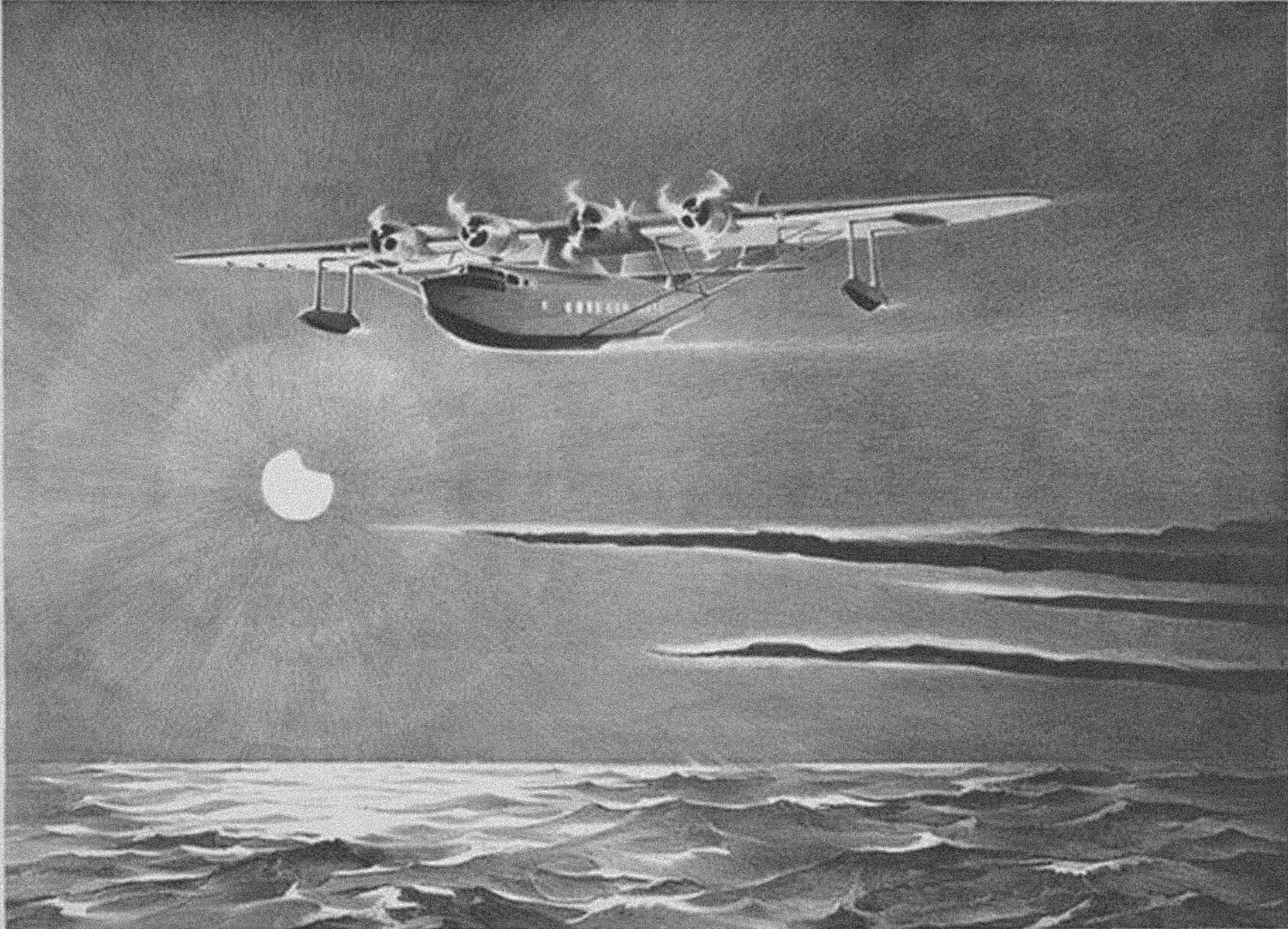 Clayton Knight illustration of Pan Am Clipper III, a Sikorsky S-42 across the Atlantic, c. 1937