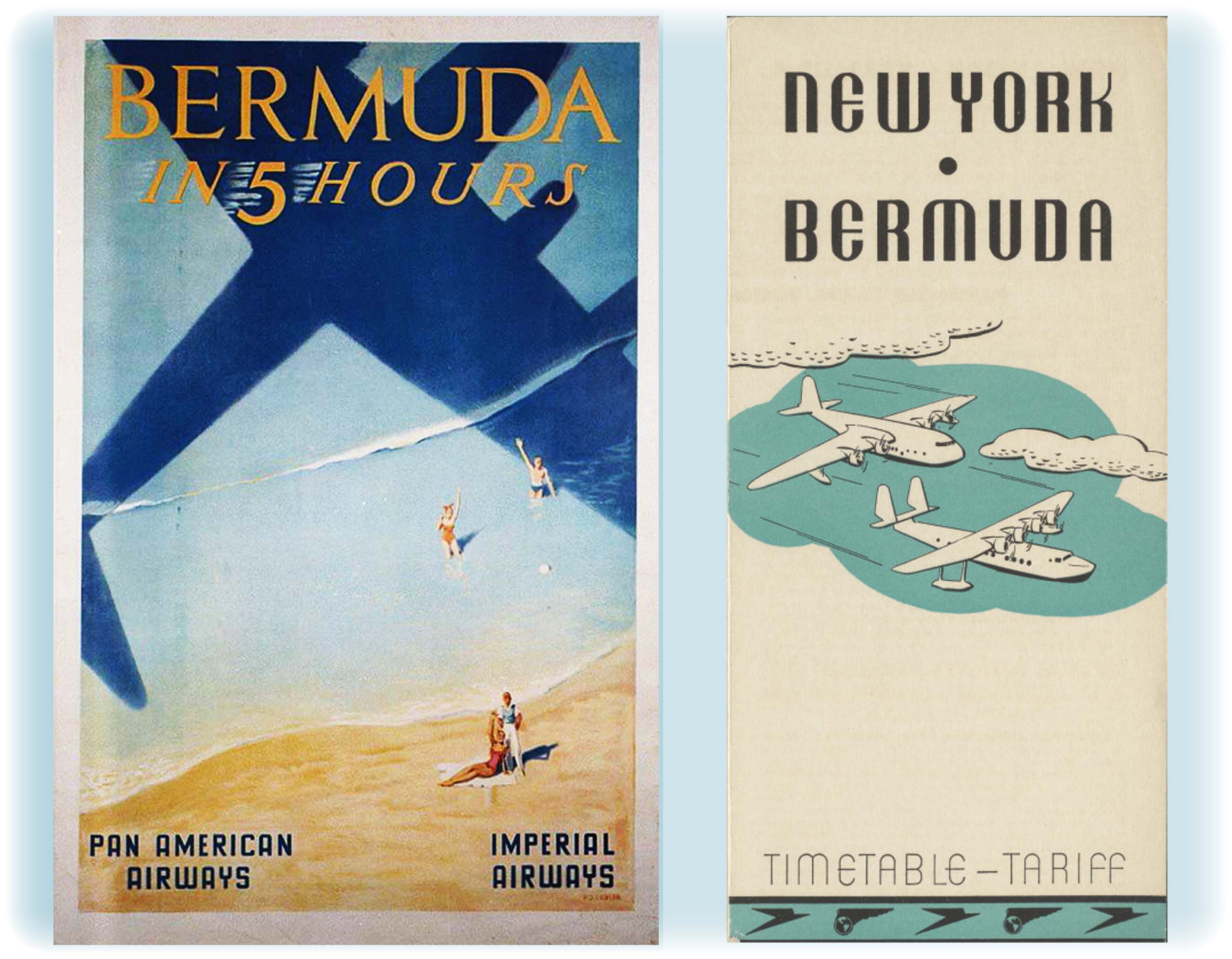 Pan Am to Bermuda (Don Thomas, Pan Am Historical Foundation collection), and New York Bermuda Timetable (University of Miami Special Collections).