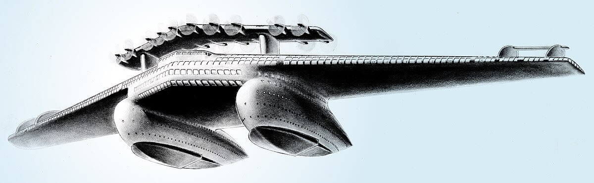 Concept drawing: Airliner Number 4 by Norman Bel Geddes, c. 1929 (Wikimedia Commons).