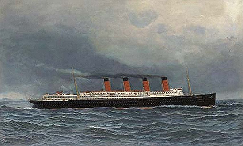 The R.M.S. Lusitania under full steam 1908 by Antonio Jacobsen (Wikimedia Paintings of Ships by Antonio Jacobsen) https://commons.wikimedia.org/wiki/Category:Paintings_of_ships_by_Antonio_Jacobsen