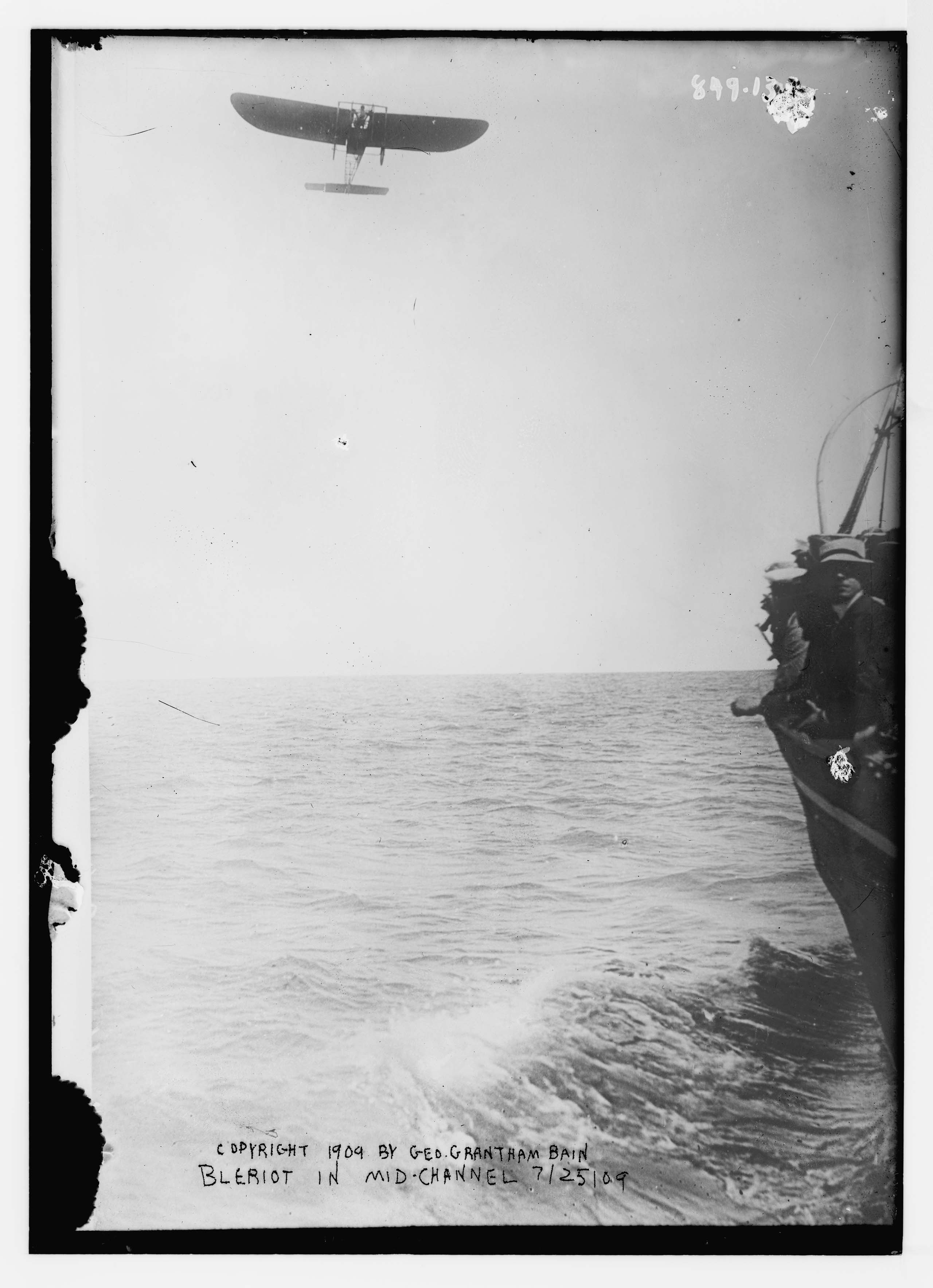 Bleriot in flying machine, in mid-channel, Louis Blériot's English channel crossing on July 25, 1909 (Library of Congress) https://loc.gov/pictures/resource/ggbain.04095/
