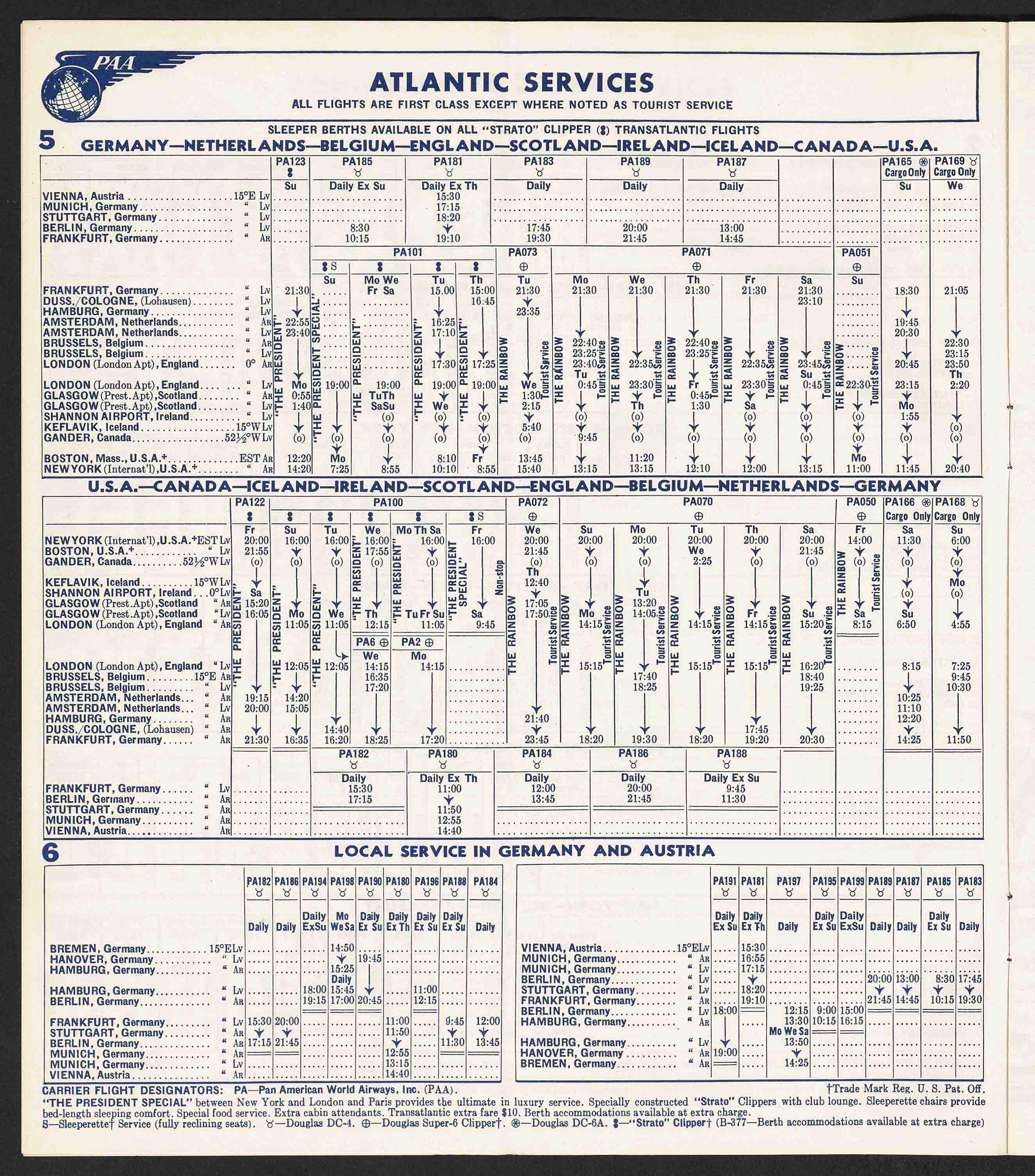 Atlantic Services Time Table, December 1, 1952 showing destinations around Europe (University of Miami Special Collections).