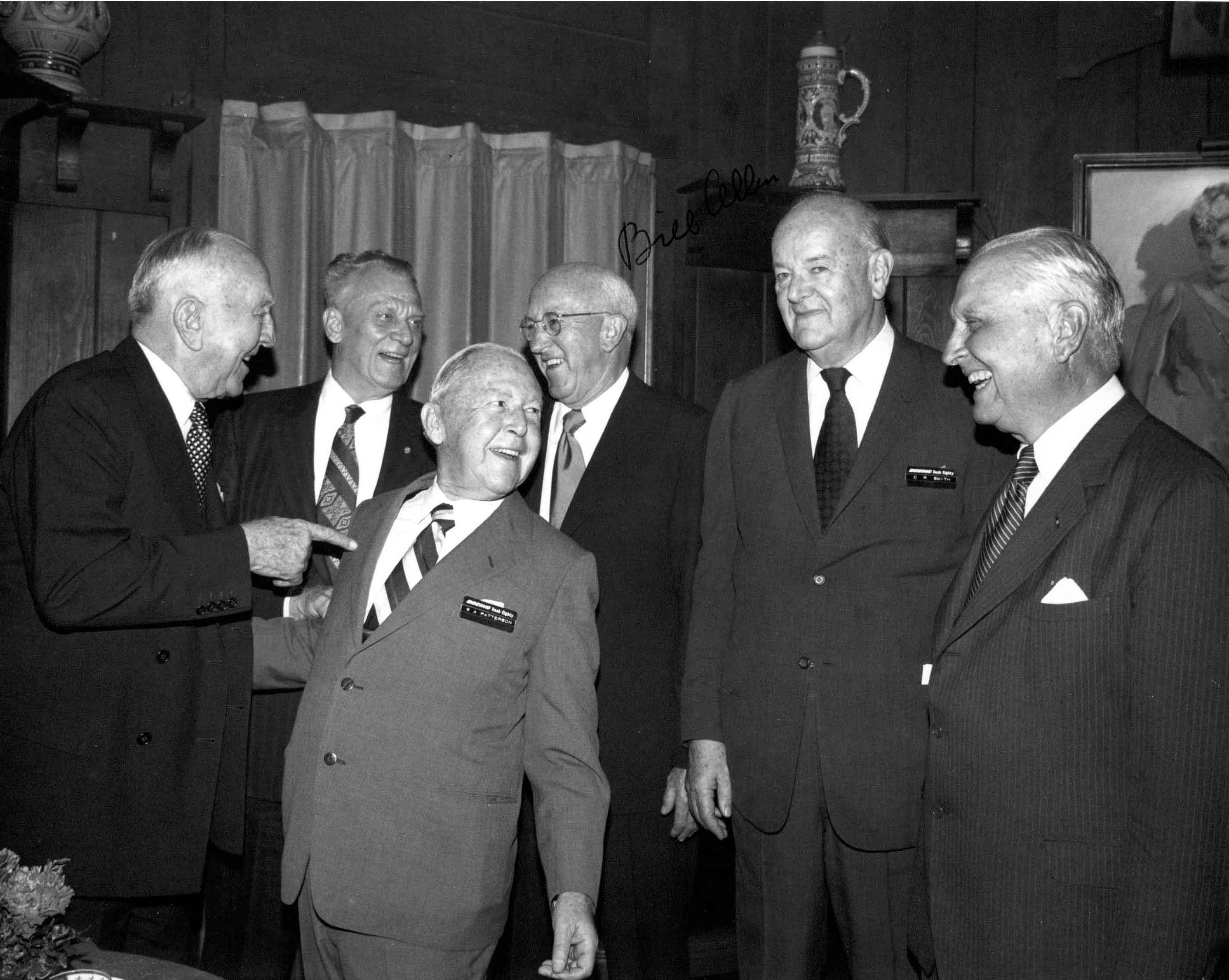 Group of United States Aviation Industry Pioneers, c. early 1970s at a Boeing Dash 80 event.  Right to left: Juan Trippe of Pan Am / with CR Smith, American / Bill Allen, Boeing / William "Pat Patterson" of United / Charles H. Dolson, Delta / Eddie Rickenbacker, Eastern.