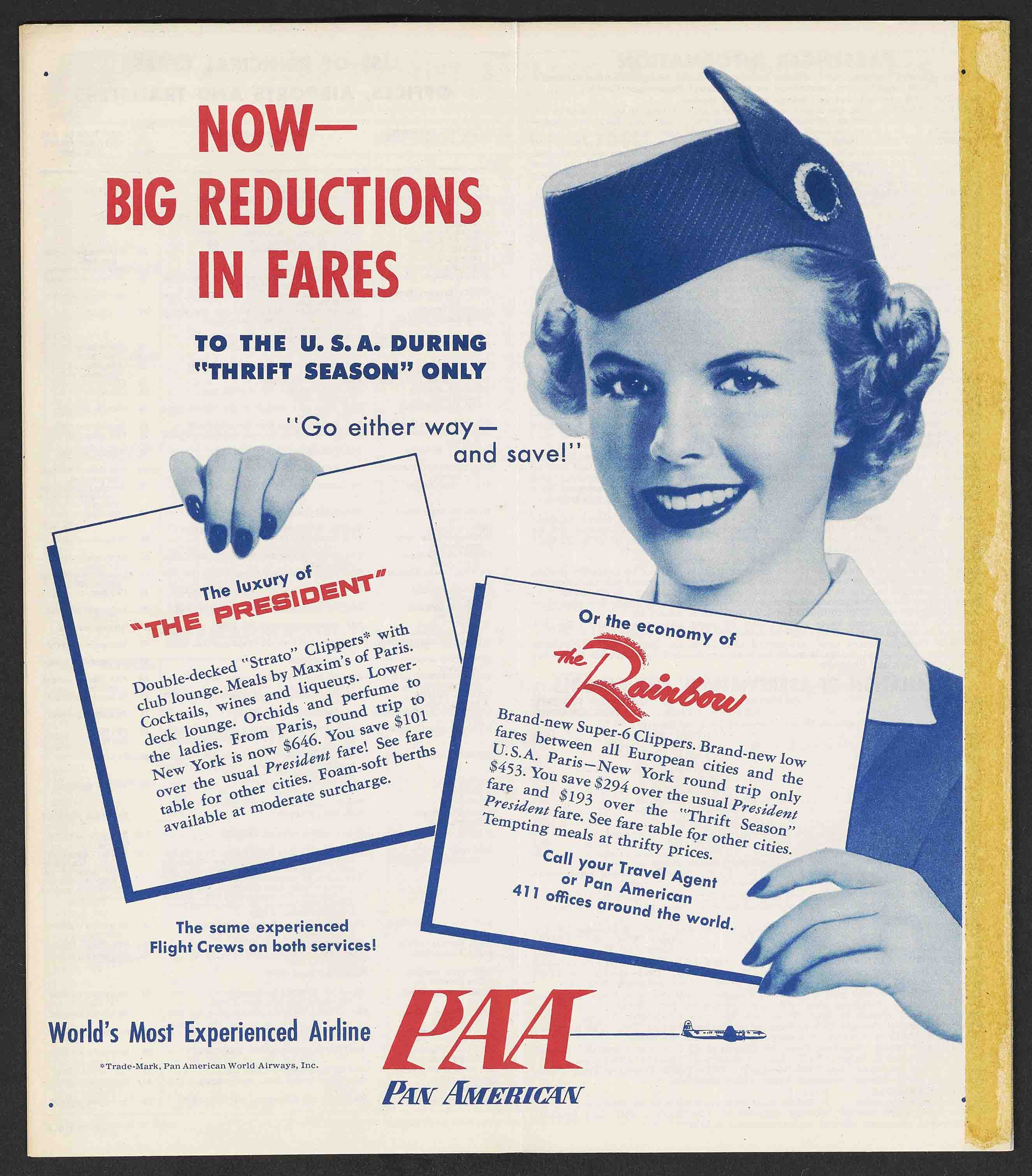 Now — Big Reductions in Fares, from December 1, 1952 Atlantic Division Time Table (University of Miami Special Collections, Pan American World Airways, Inc records).
