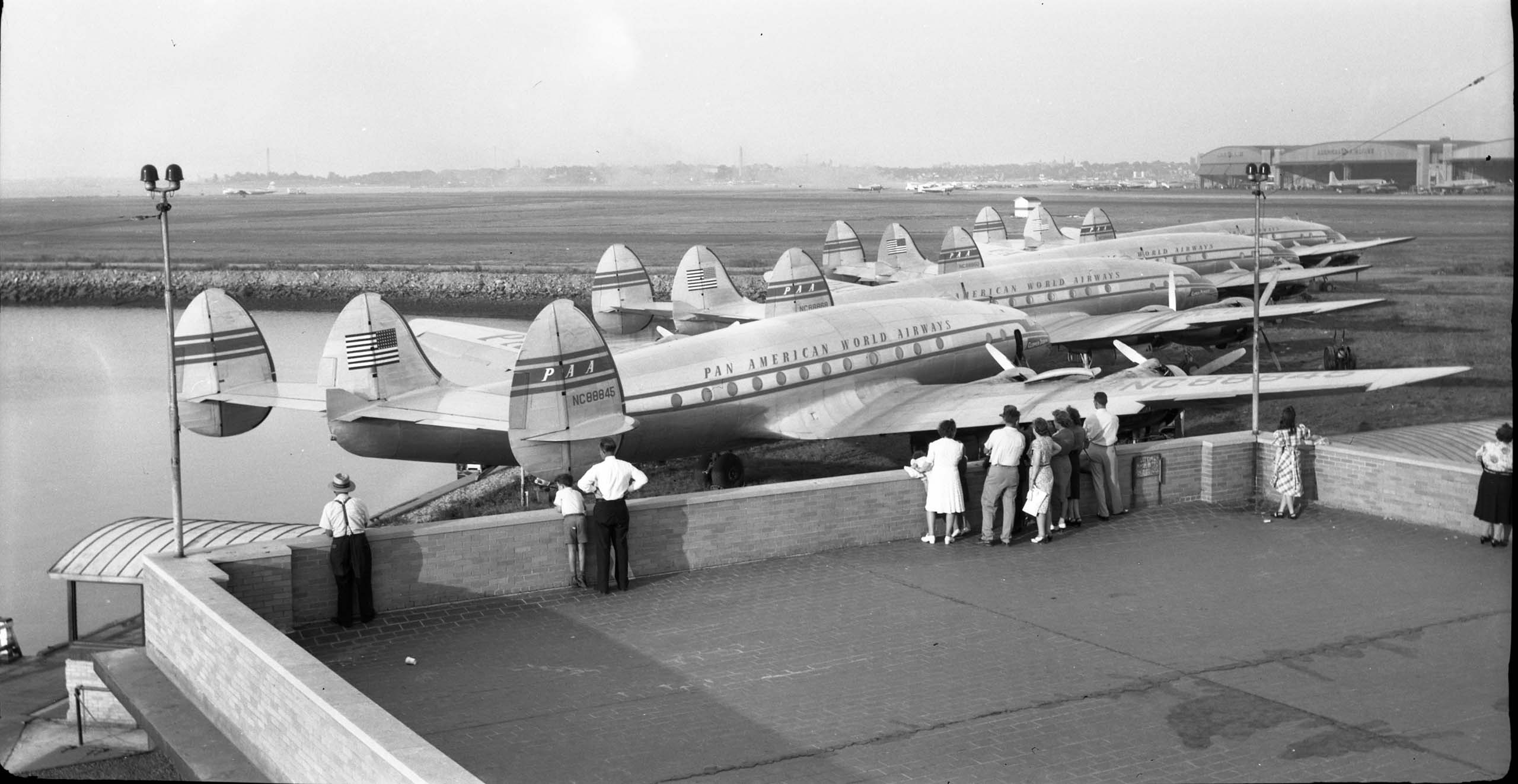 1946: Four Pan American Airways Constellations lined up at LaGuardia Field, New York City,  not far from the Marine Air Terminal (Walter Christensen collection).