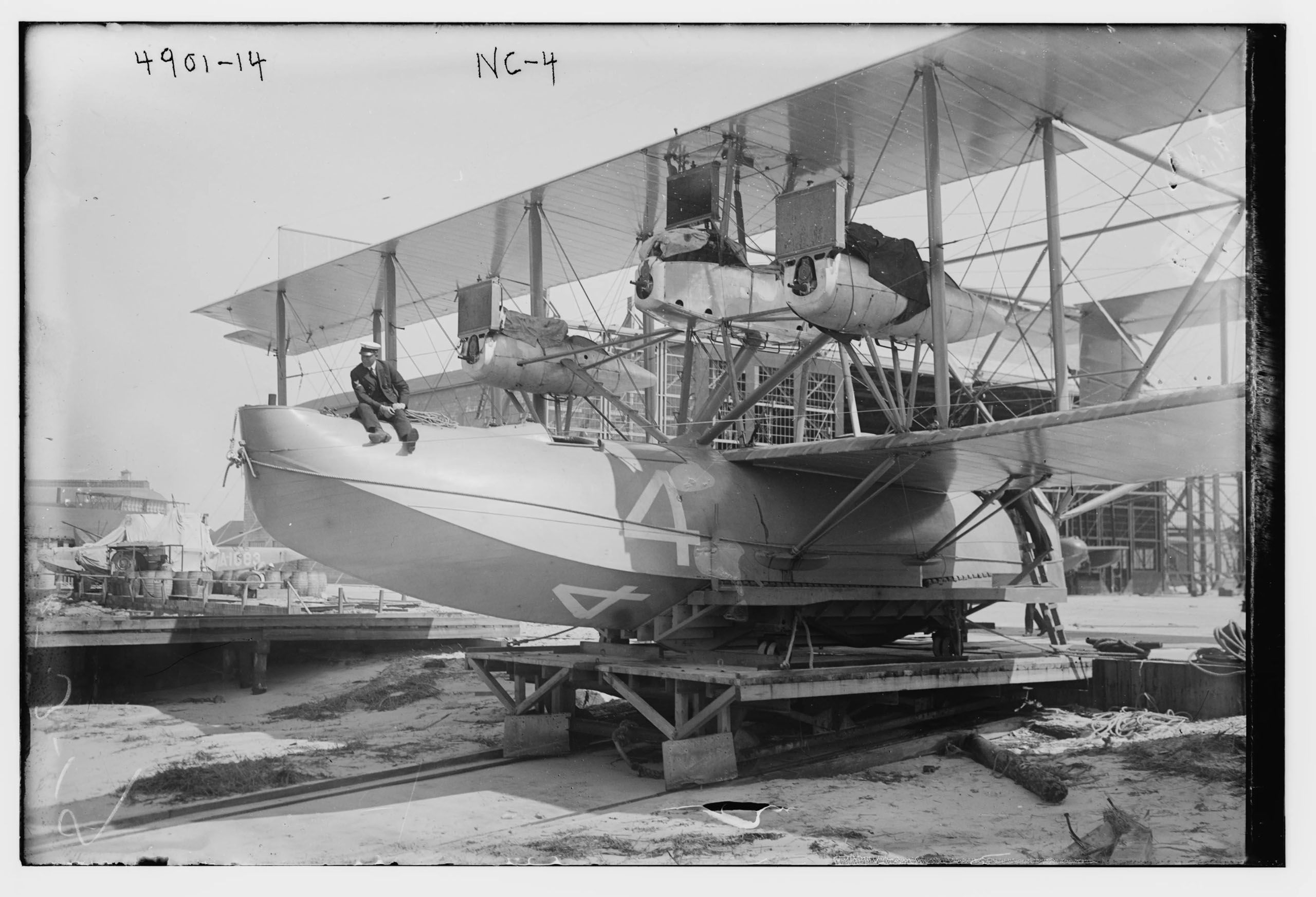 Photo: NC-4 prior to its transocean trip, at Rockaway Beach (Library of Congress).