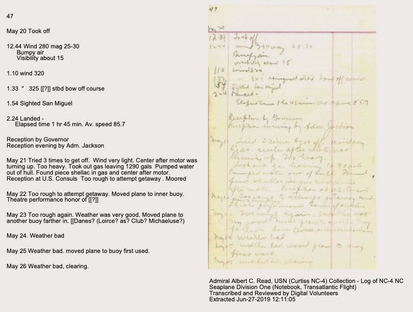 May 20, 1919 entry in the Log of NC-4 Seaplane, by Rear Admiral Albert C. Read, commander, indicated bad weather in the Azores. (Smithsonian Institution Transcription Center, Smithsonian National Air and Space Museum Archives). 