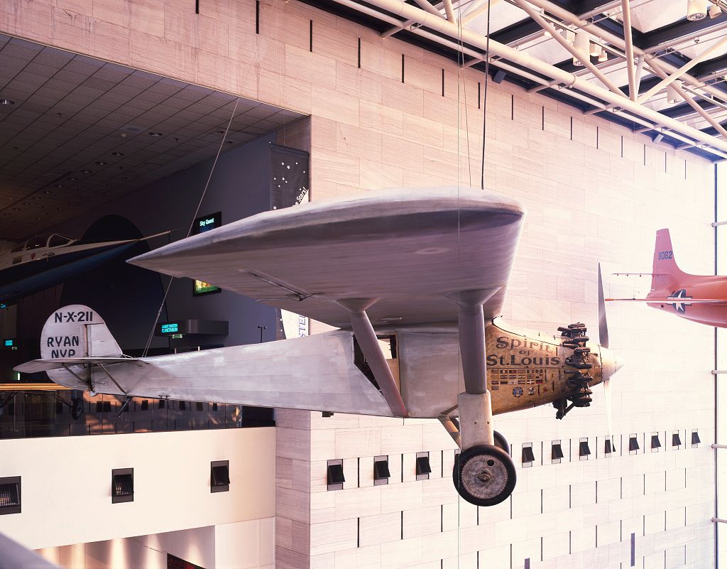 Lindbergh's "Spirit of St. Louis" hanging at the Smithsonian Insitution's Air and Space Museum on the National Mall, Washington DC. (Library of Congress photo).