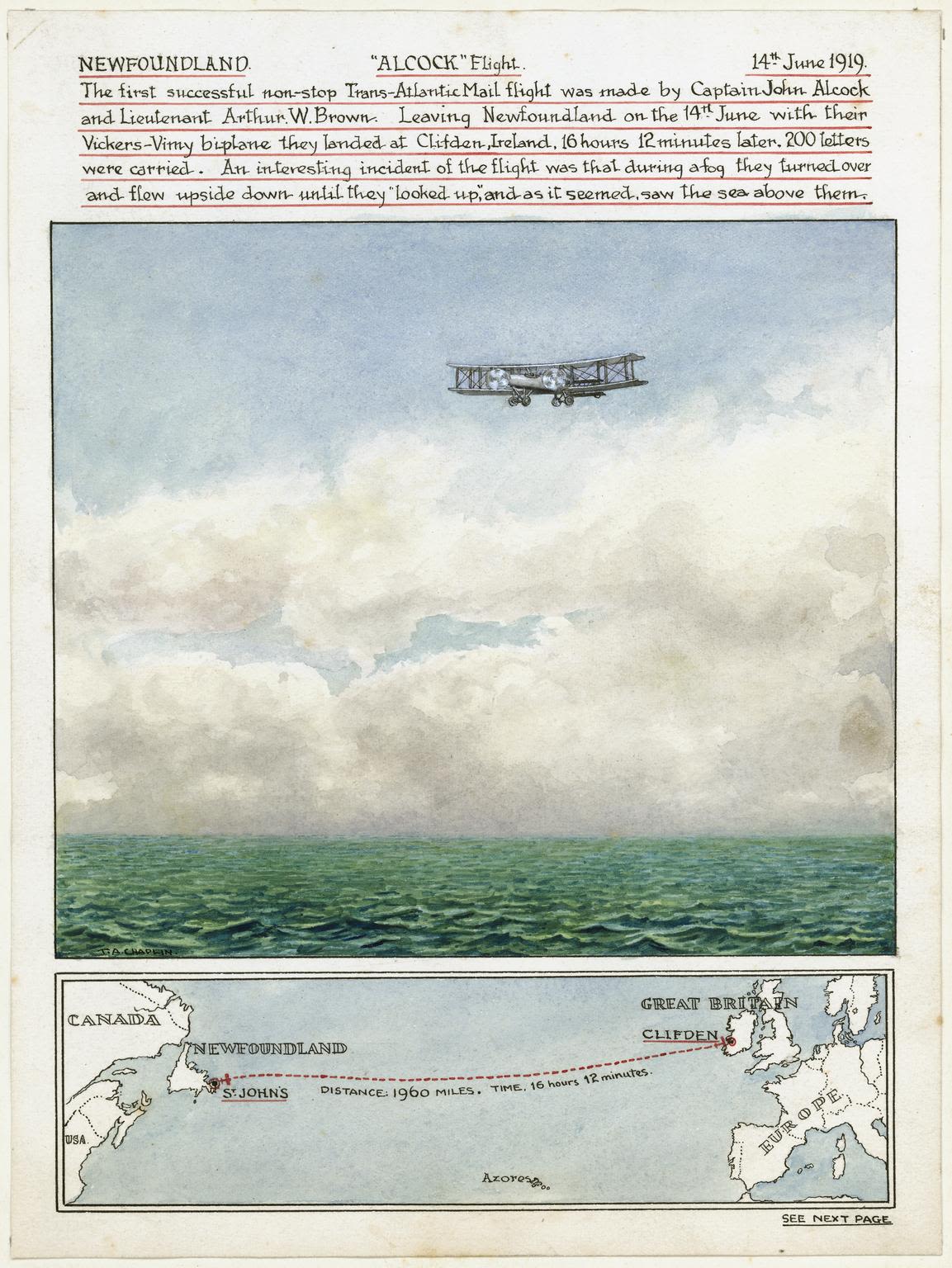 (Science Museum Group, UK) Manuscript water colour drawing with map and text celebrating the 'Alcock' flight on the 14th June 1919 Flight  https://www.scienceandindustrymuseum.org.uk/objects-and-stories/alcock-and-brown#the-brave-aviators&gid=1&pid=6