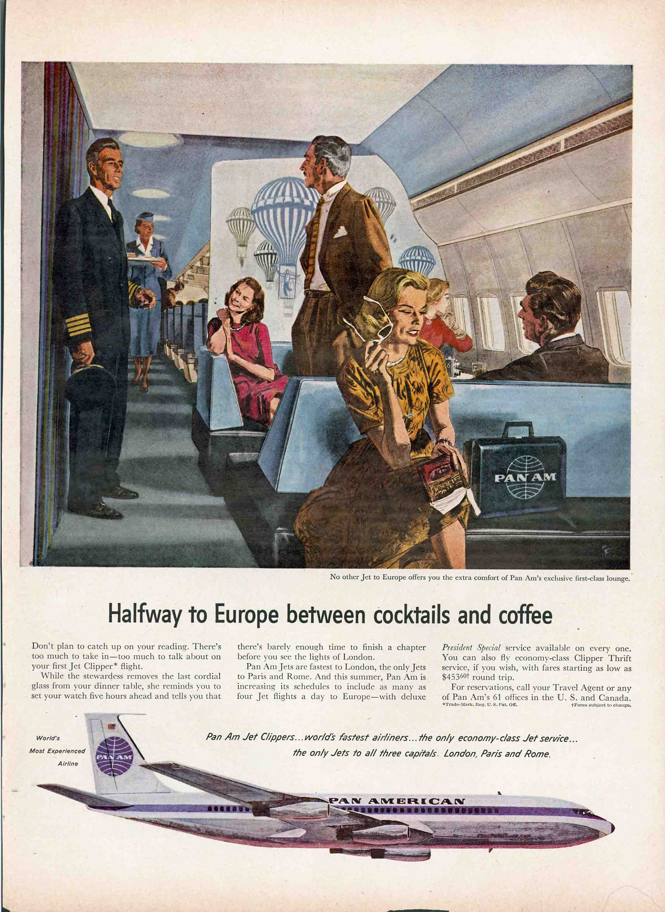 Halfway to Europe between Cocktails and coffee, Pan Am 707 ad, 1959 (Pan Am Historical Foundation collection).