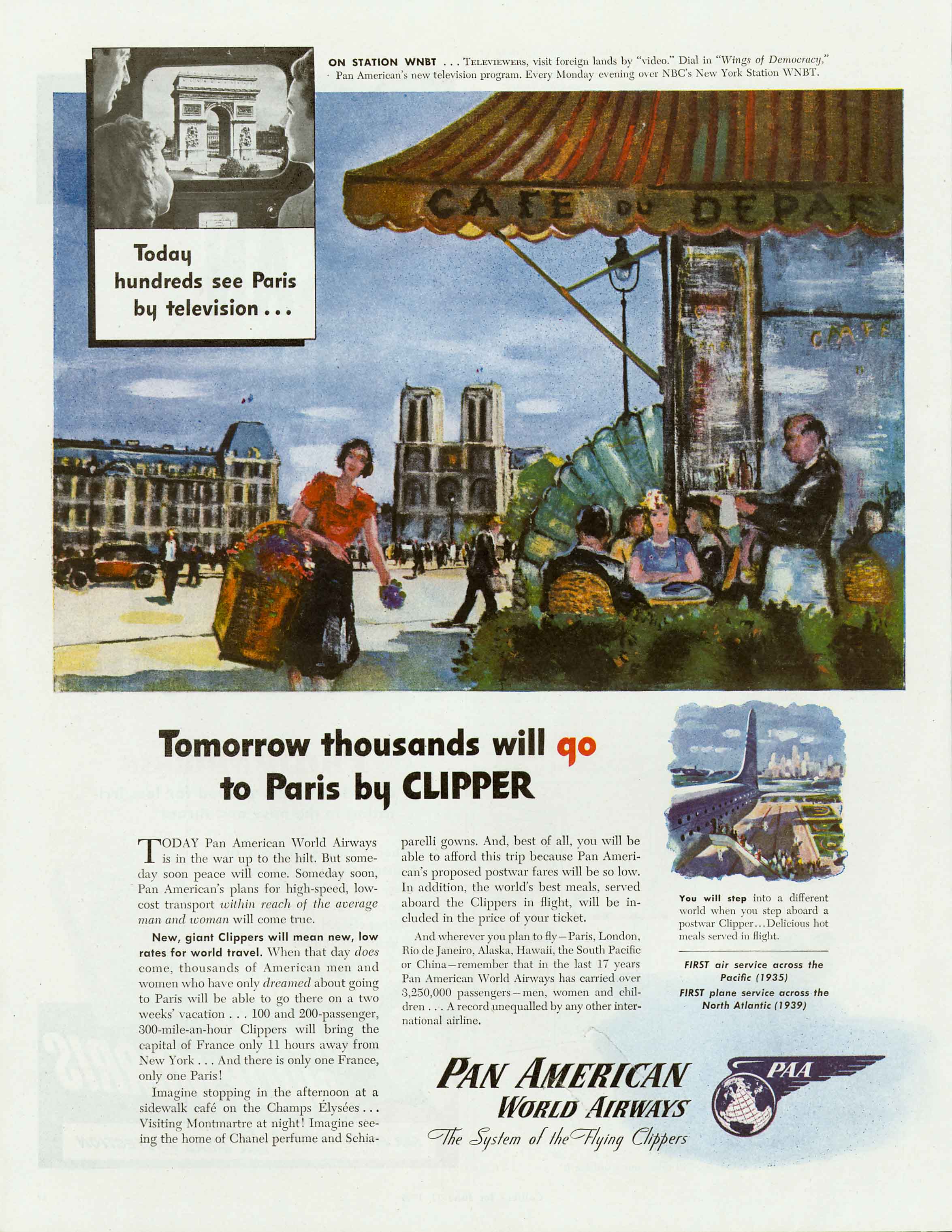 1945 "Today hundreds see Paris by television... Tomorrow thousands will go to Paris by Clipper" (Pan Am Historical Foundation collection).