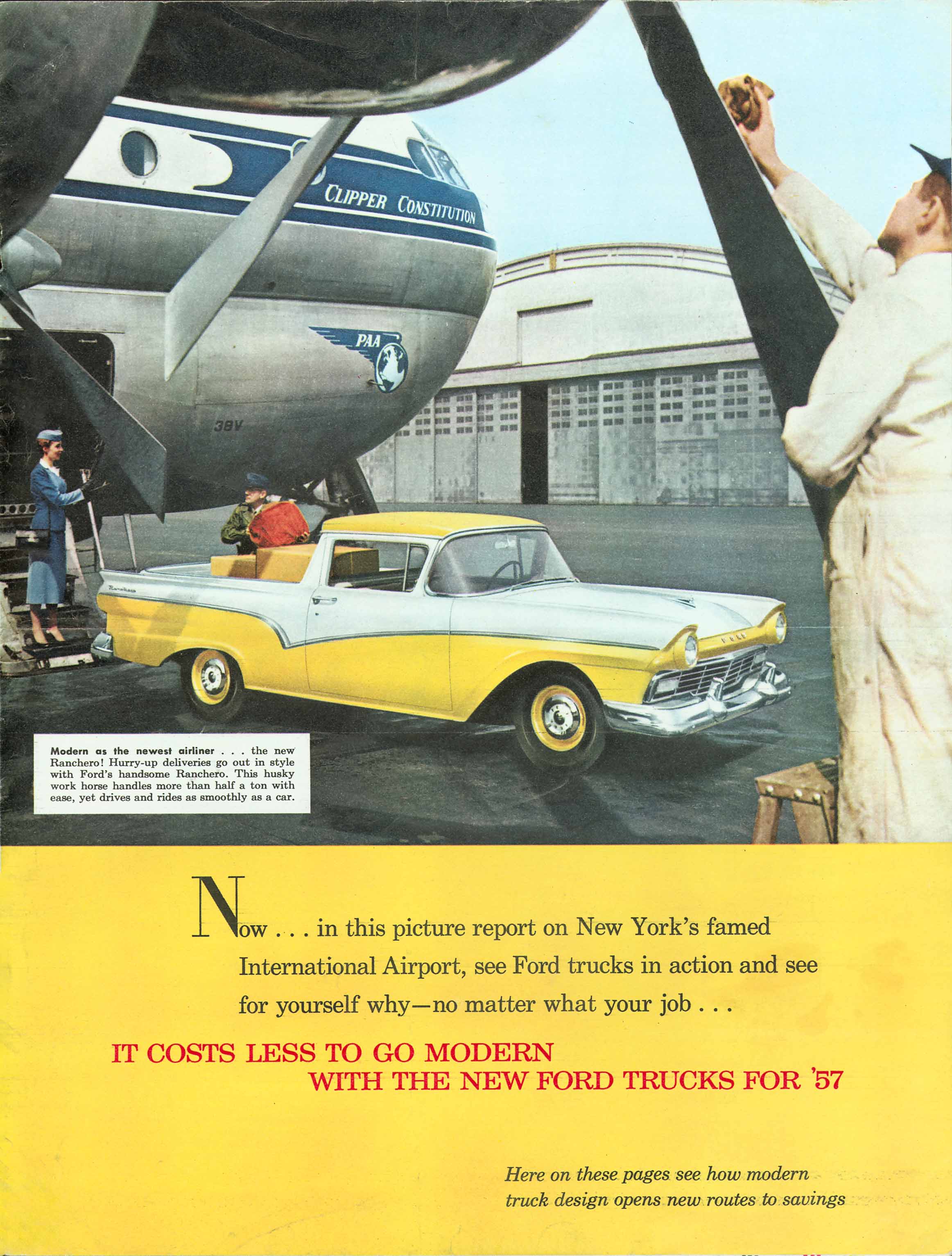 1957 Ford Ranchero ad, with Pan Am B-377 Clipper Constitution, New York International (Pan Am Historical Foundation collection).