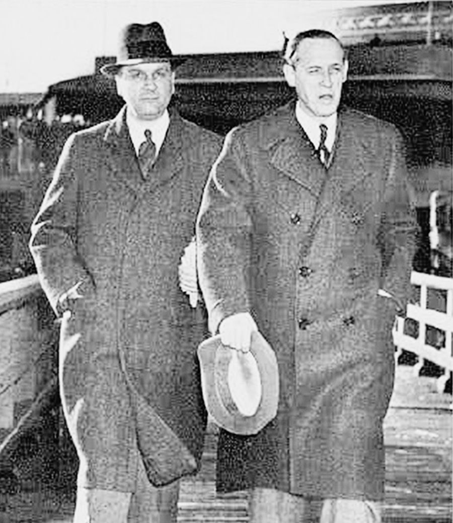 Juan Trippe (left) returns from his trip to London after his address to the Royal Aeronautical Society and his meeting with Winston Churchill (1941 Pan Am Annual Report 1942).