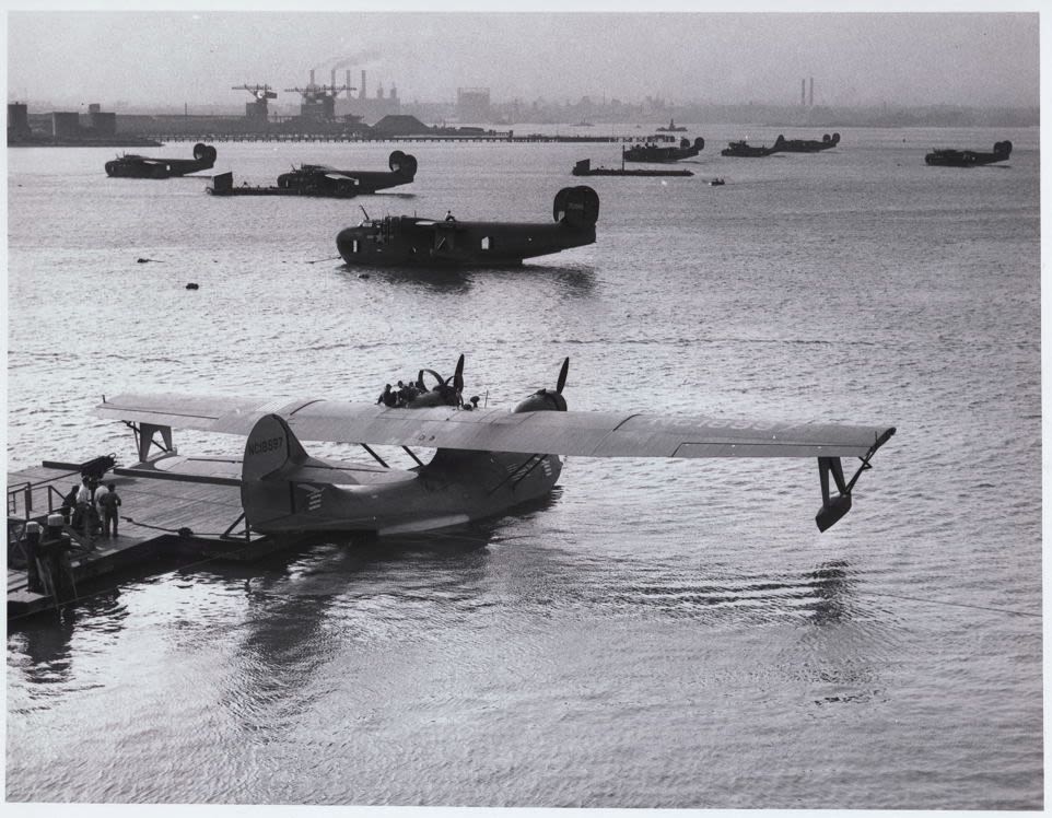 Bowery Bay, Marine Air Terminal, filled with Naval Air Transport Service aircraft after the U.S. entered World War Two (Courtesy AeroArt International).