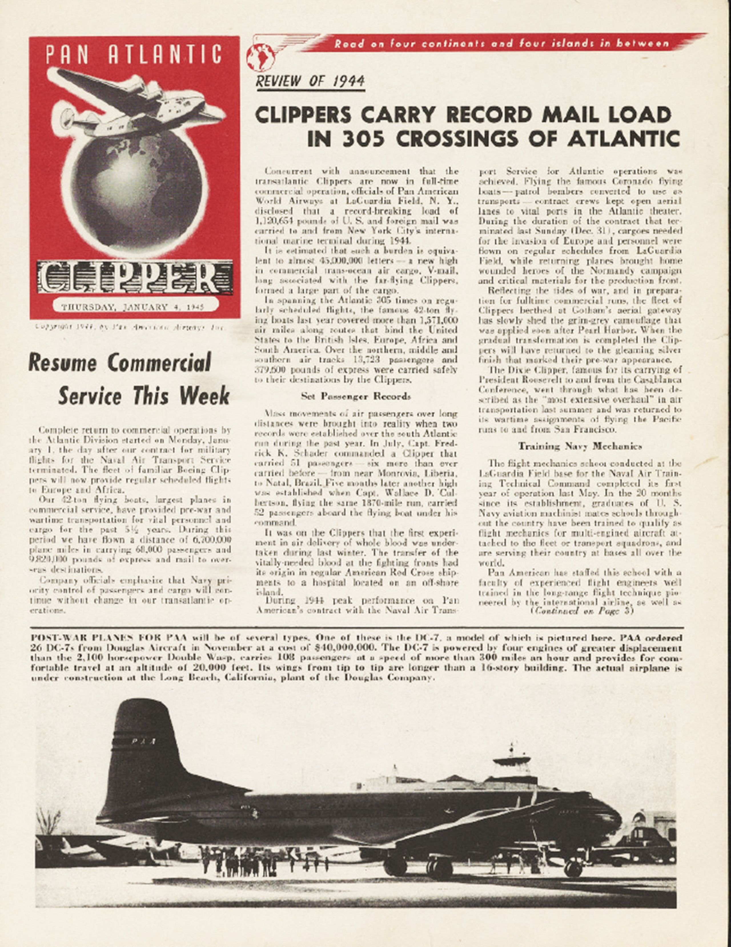 Pan Atlantic Clipper January  4, 1945, "Read on four continents and four islands in between" (University of Miami Special Collections).