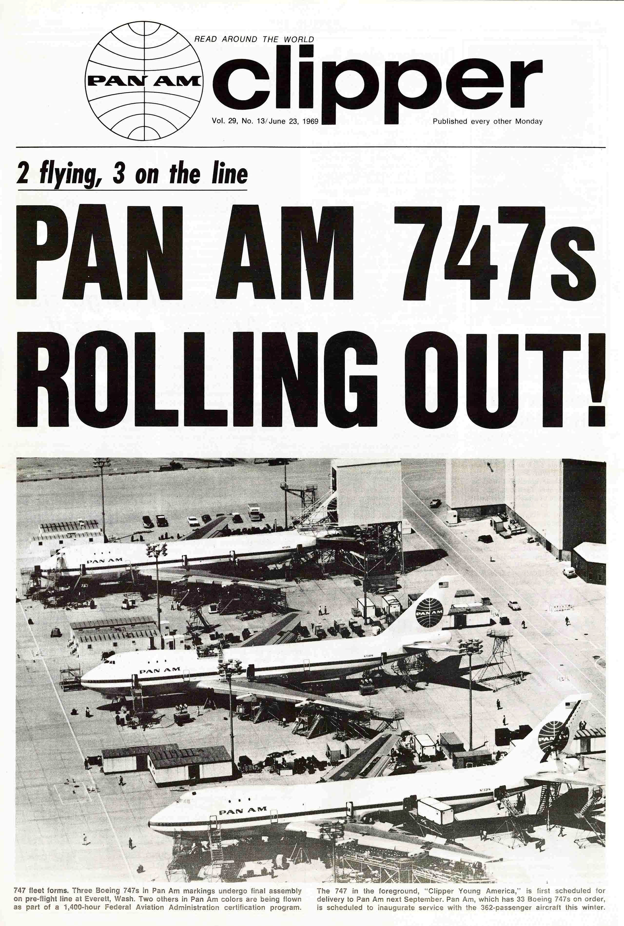 Photo cover of the "Pan American Clipper," June 23, 1969, "Pan Am 747s Rolling Out: 2 flying 3 on the line" (University of Miami Special Collections).