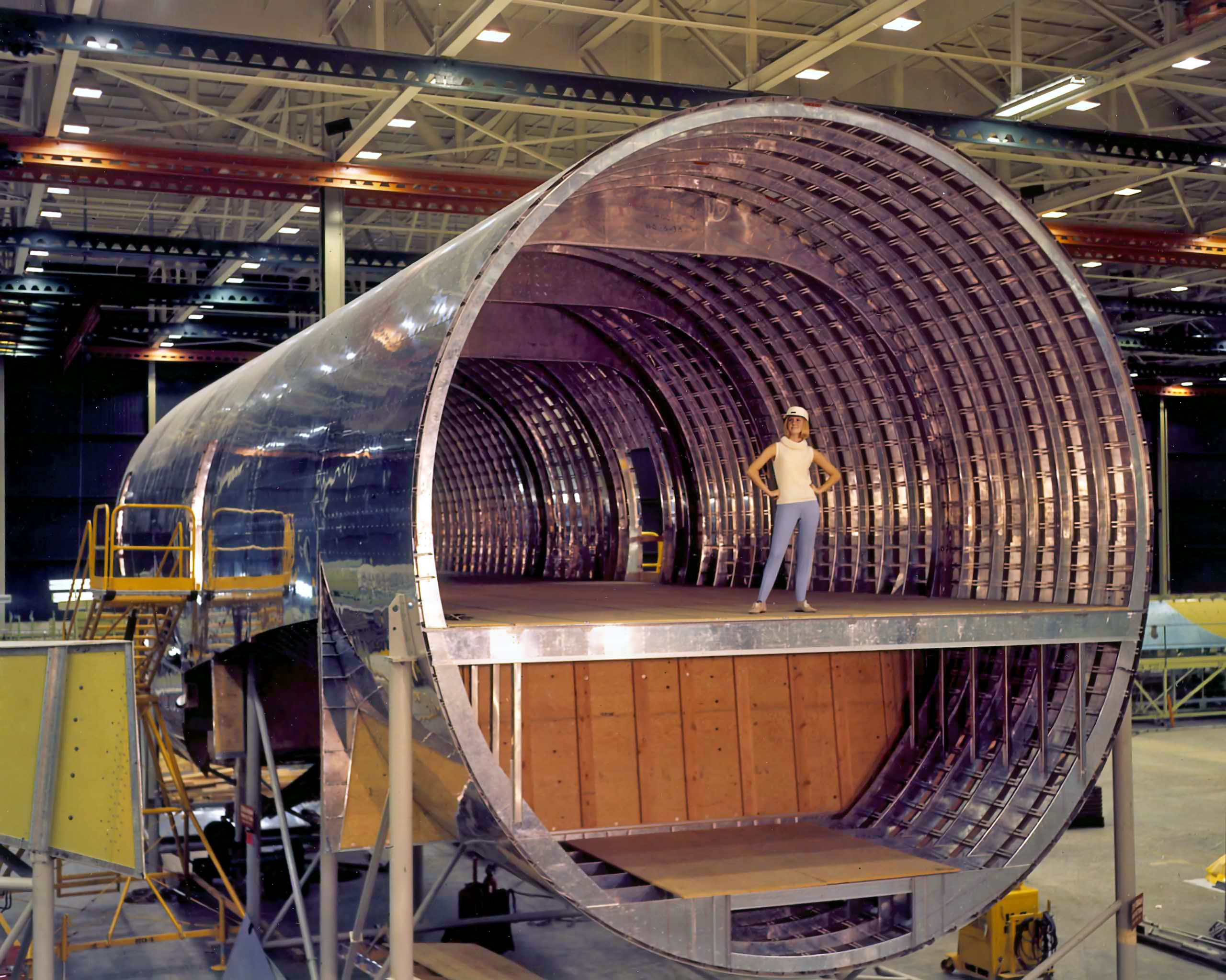 Model stands in a 747 fuselage at the Everett Plant (Courtesy, The Boeing Company Archive).rchive).