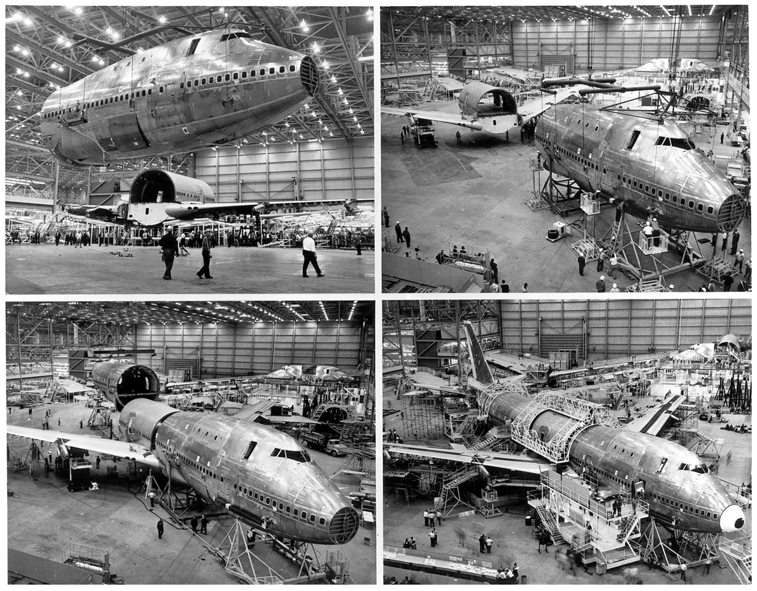 Four-part image, assembling the 747 at the Boeing Everett Factory (Courtesy, The Boeing Company Archive).