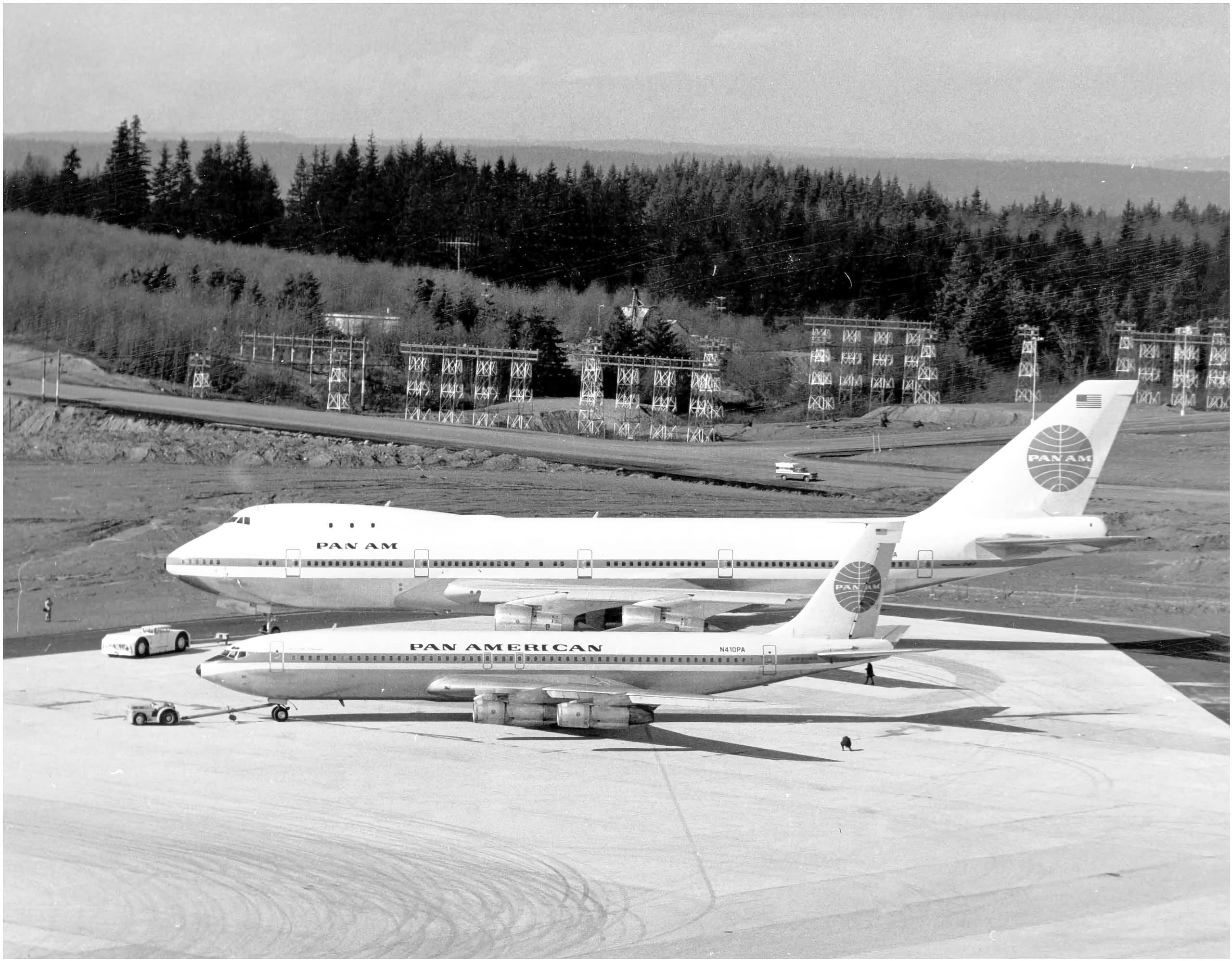 The Pan Am 747 with a Pan Am 707, March 1969 (Pan Am Historical Foundation Collection).