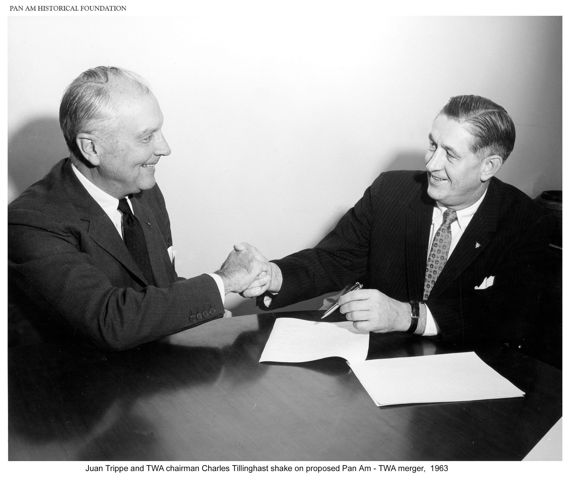 Pan Am's Juan Trippe with TWA Chairman Charles Tillinghast, on proposed Pan Am-TWA merger, 1963 (Pan Am Historical Foundation Collection).