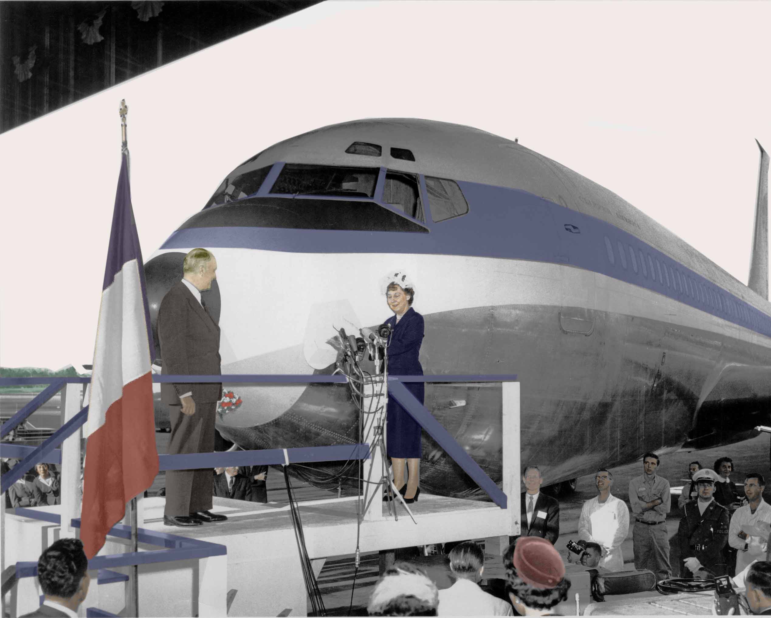 The US Jet Age arrives: Juan Trippe & Mamie Eisenhower christen the first Boeing 707 (Pan Am Historical Foundation Collection).