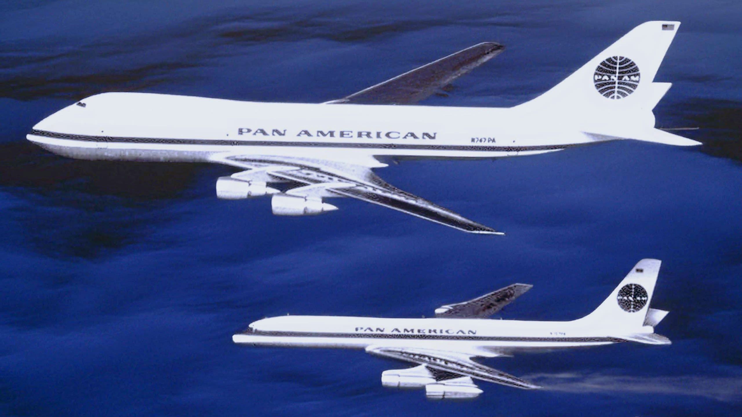 Size comparison: Pan Am Boeing 747 and 707 jet (Pan Am Historical Foundation Collection).