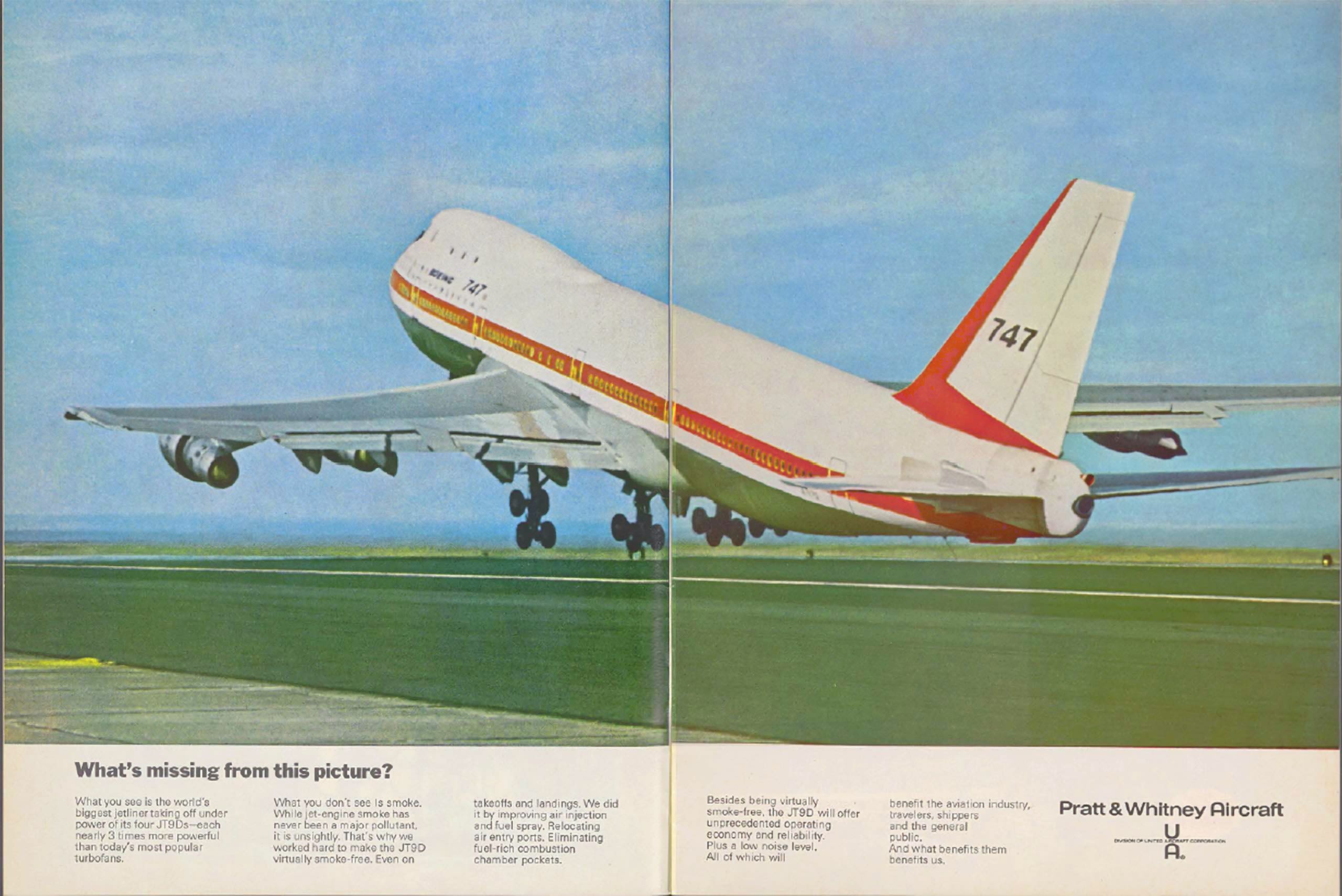 What's Missing? (Smoke). This Pratt & Whitney Ad appeared in Pan Am's Clipper Magazine Souvenir publication in 1970 (University of Miami Special Collections).