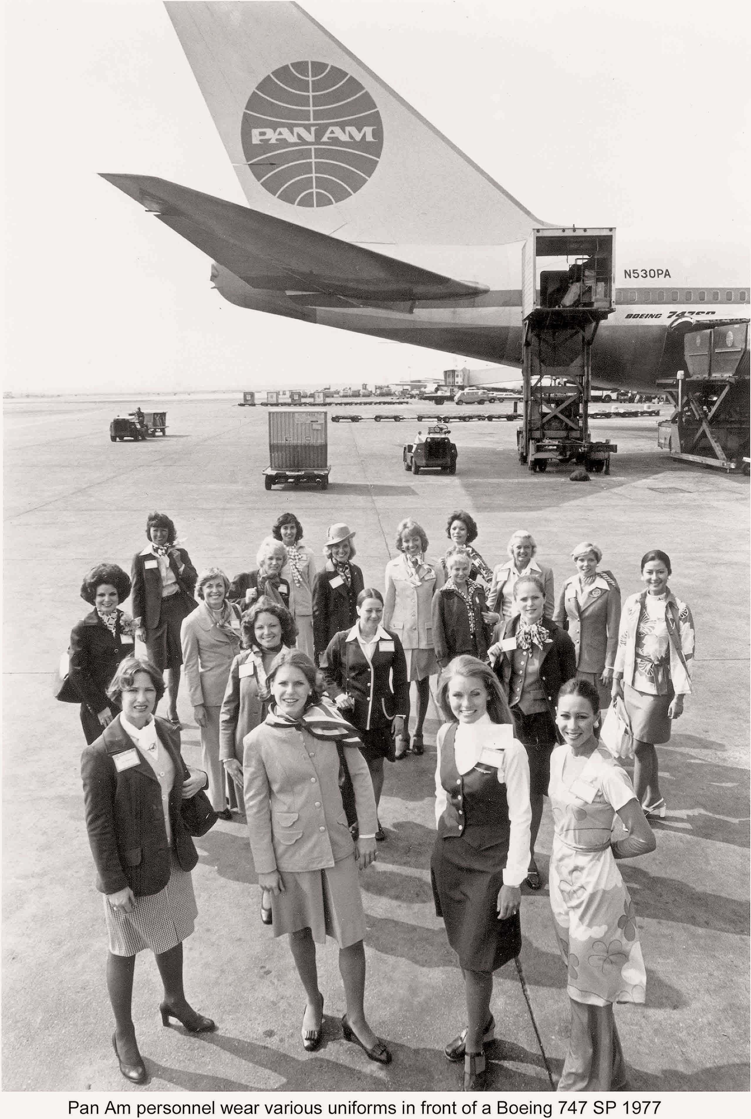 Flight attendants gather in front of the Pan Am 747 SP (Pan Am Historical Foundation Collection).