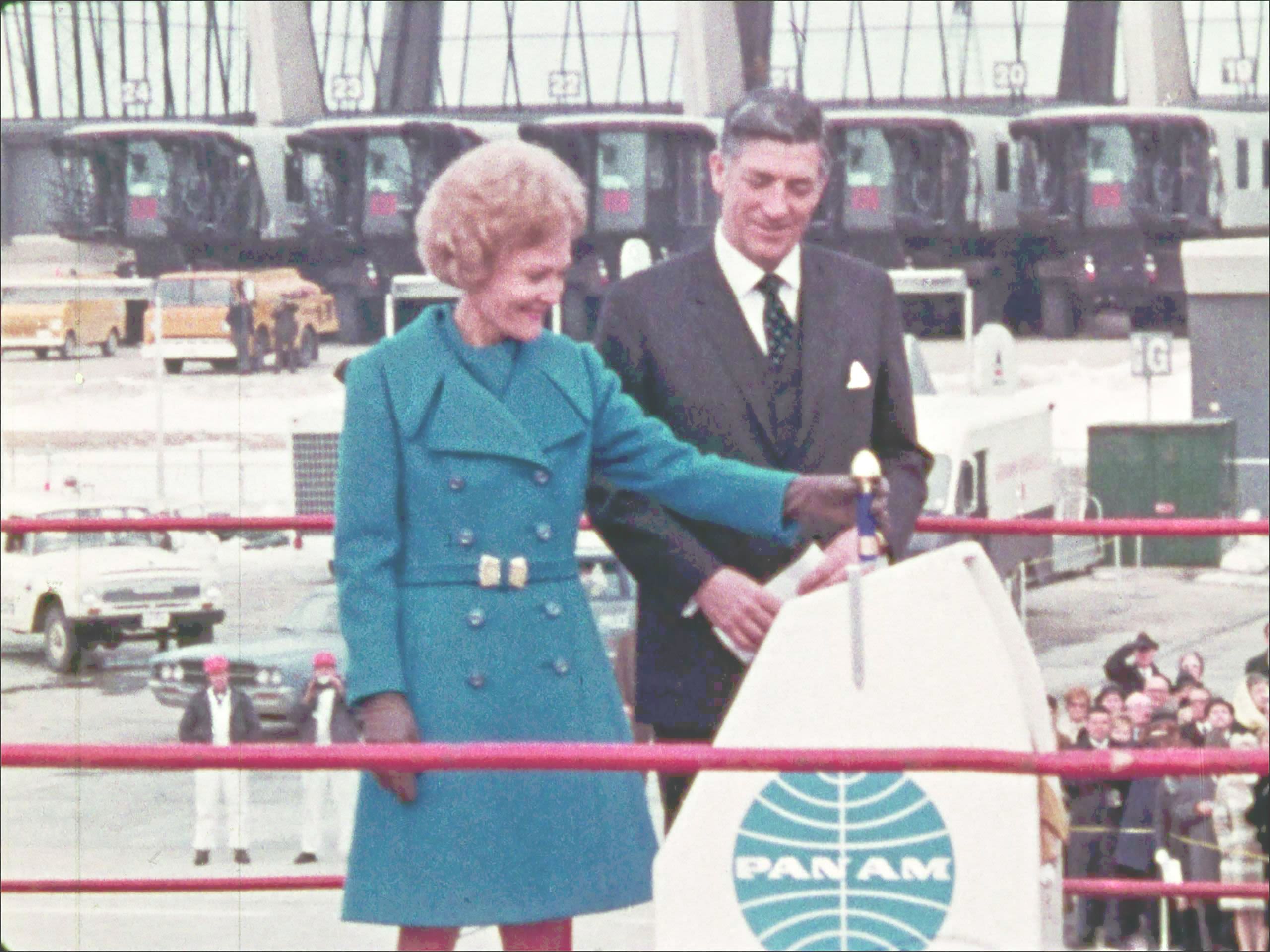 Christening Ceremony of Pan Am 747 named "Young America," January 15, 1970 at Dulles International. Pan Am President Najeeb Halaby and  First Lady Pat Nixon (Pan Am Historical Foundation Film Collection).70 at Dulles International. Pan Am President Najeeb Halaby and  First Lady Pat Nixon  (Pan Am Historical Foundation Film Collection).les International. Pan Am Chairman Najeeb Halaby and  First Lady Pat Nixon  (Pan Am Historical Foundation Film Collection).
