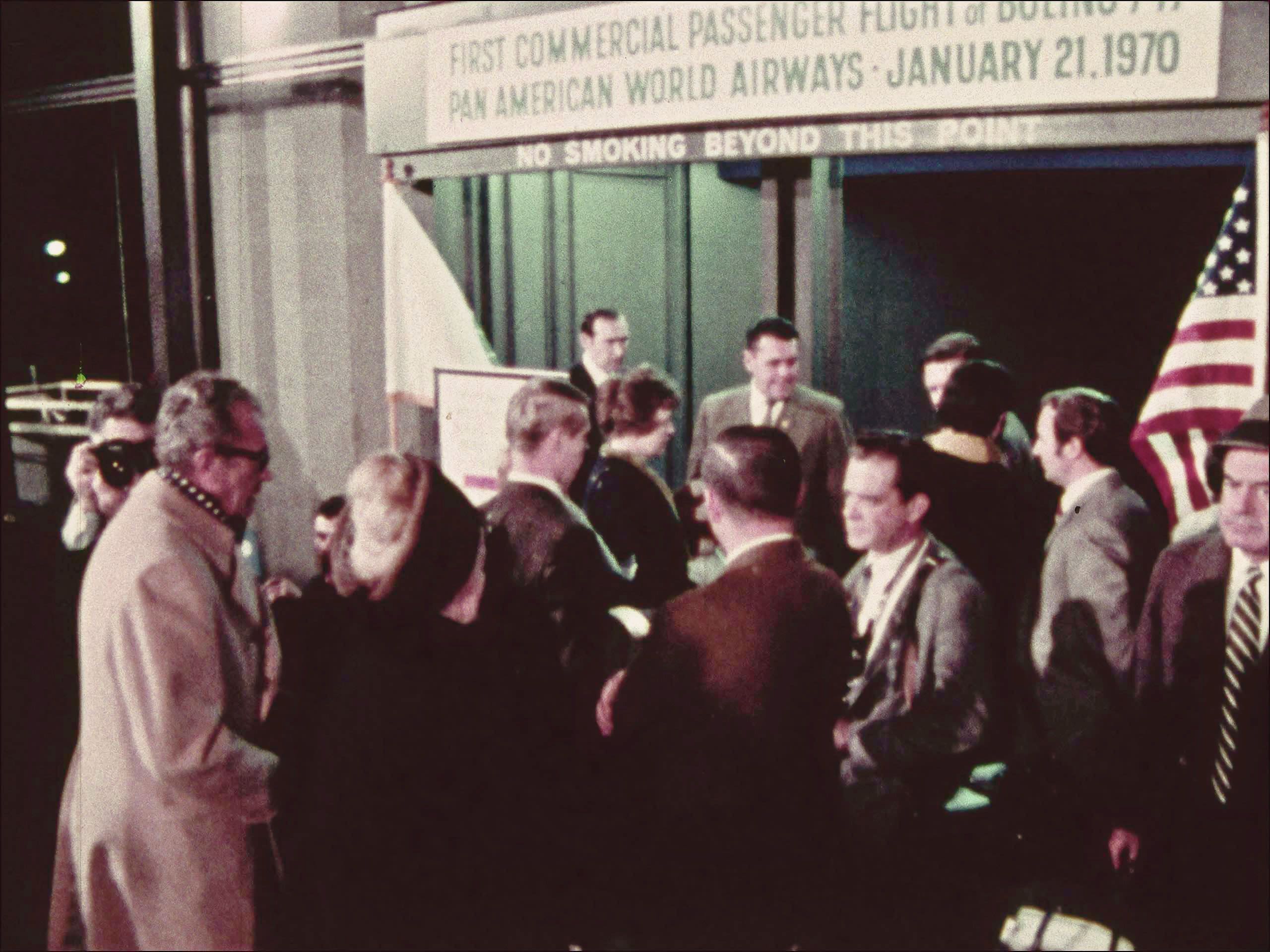 At the 747 gate, prior to January 1970 inaugural flight from JFK to LHR (Pan Am Historical Foundation Film Collection).