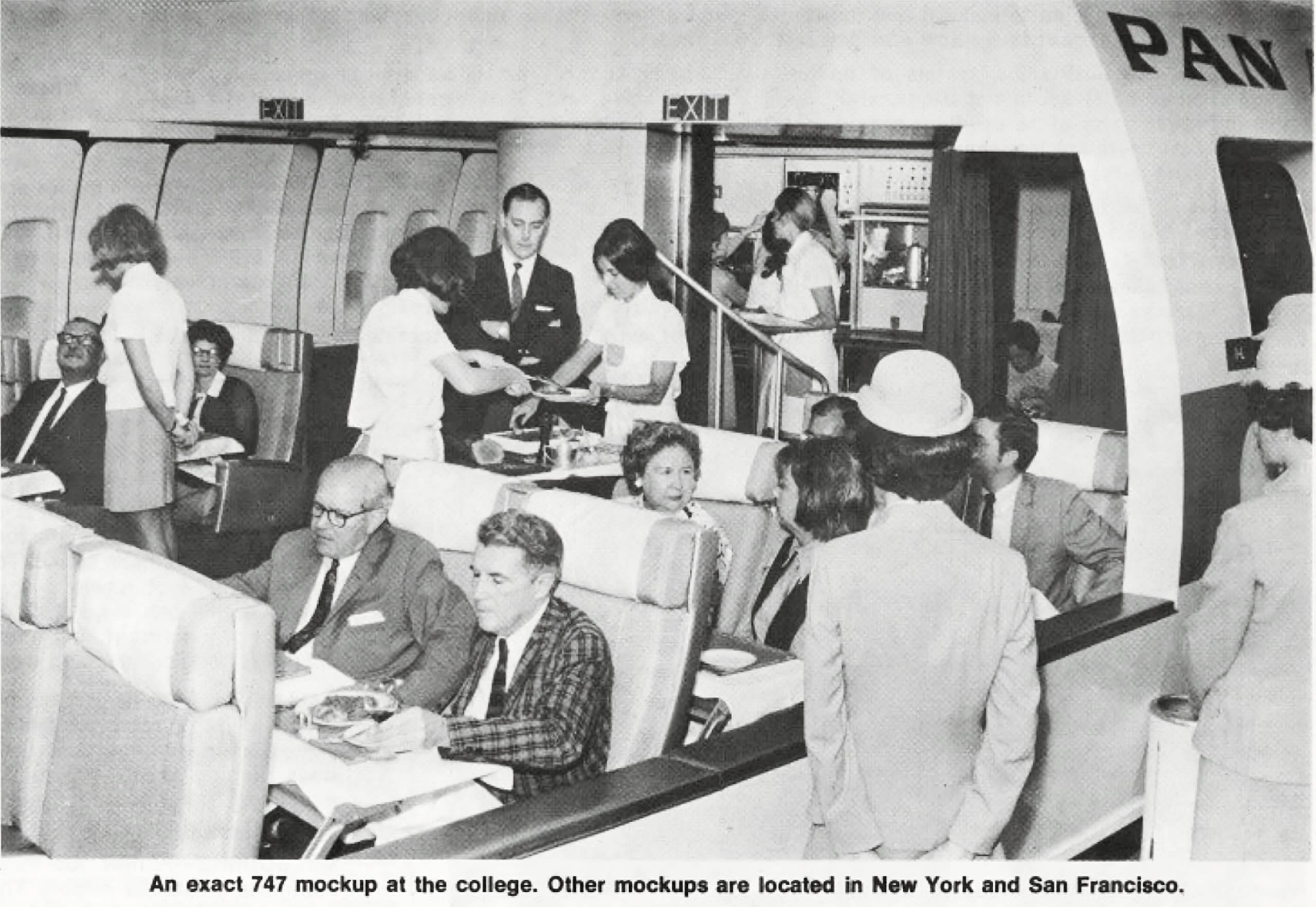 "Stewardesses aren't born." Training for 747 inflight service. ("Pan Am Clipper ," March 2, 1970 by Grace Bohne, p. 8, University of Miami Special Collections).