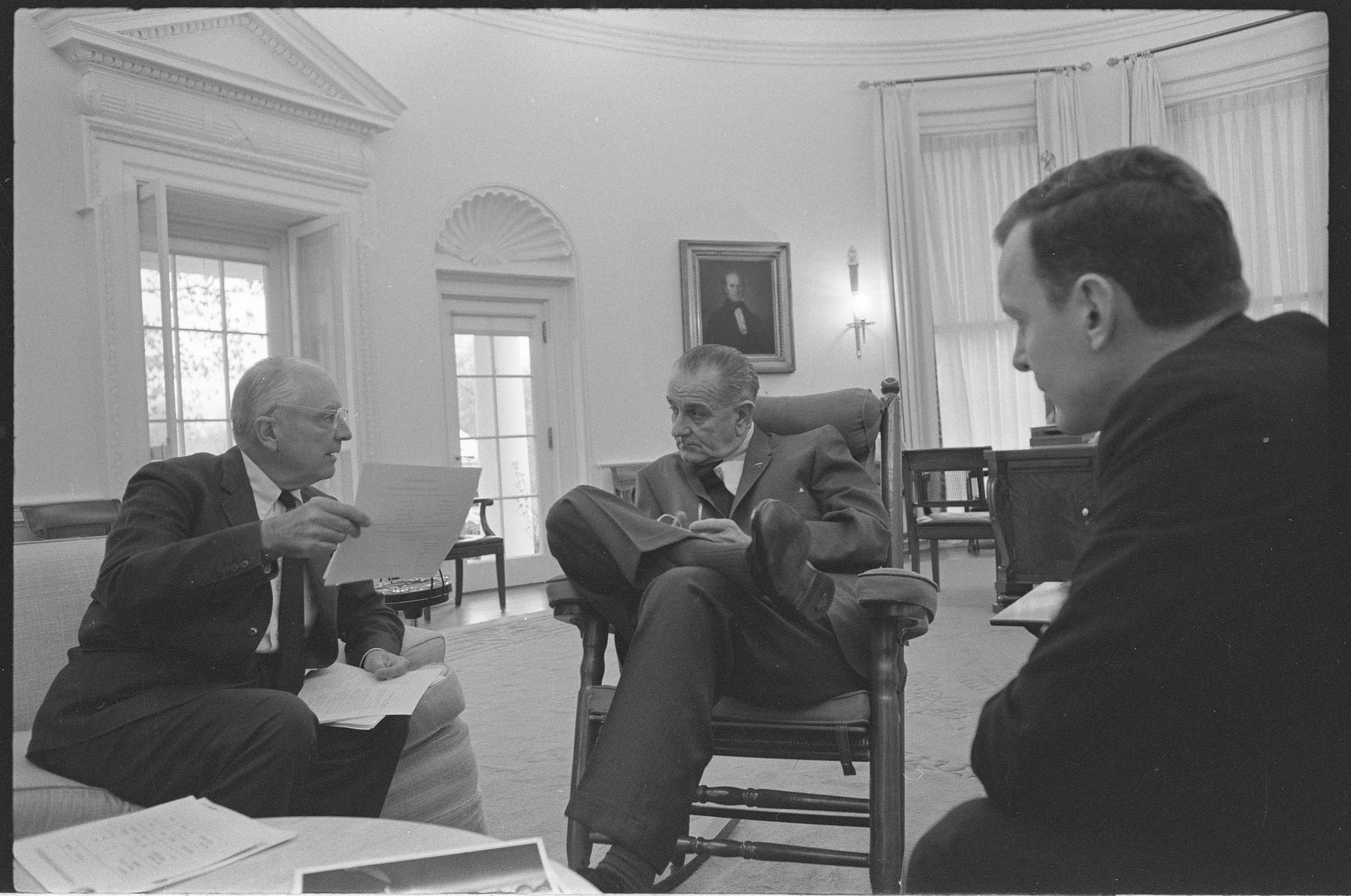 Juan Trippe explains the concept of the Boeing 747 to President Lyndon Johnson in the Oval Office, April 1, 1966.