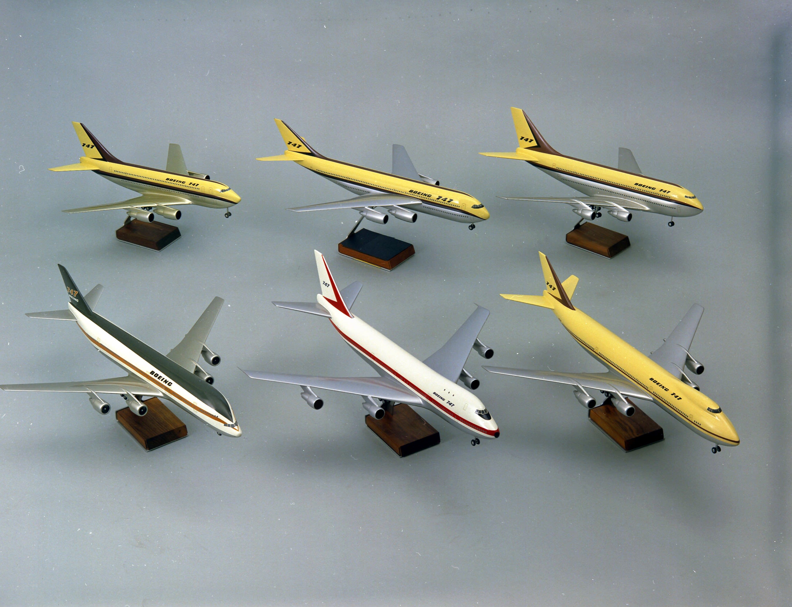 Early Boeing 747 models showing the evolution of the Superjet design (Courtesy The Boeing Company Archive).