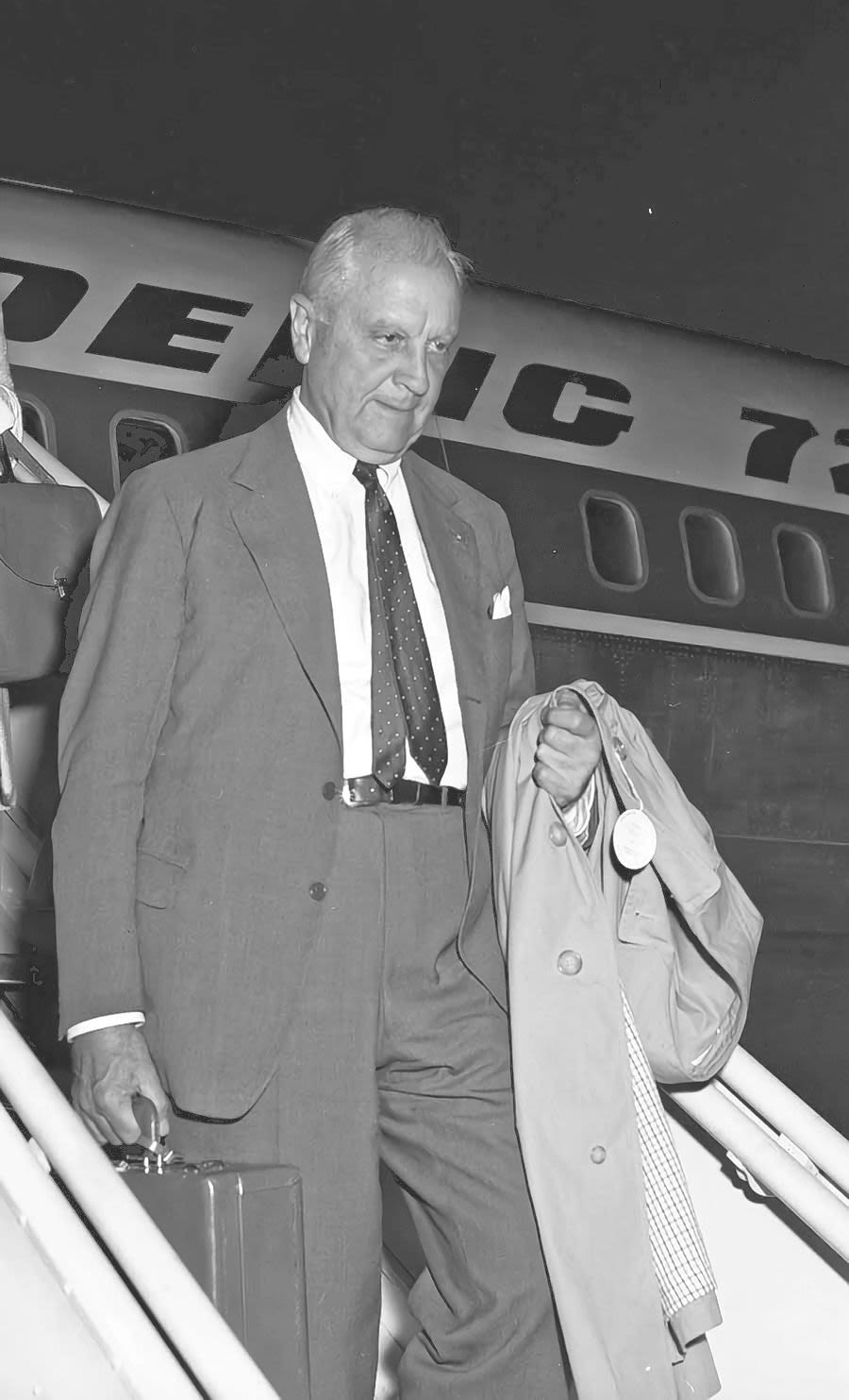 July 15, 1966, Juan Trippe arriving in Seattle to attend and speak at Boeing's 50th Anniversary festivities (Courtesy The Boeing Company Archive).