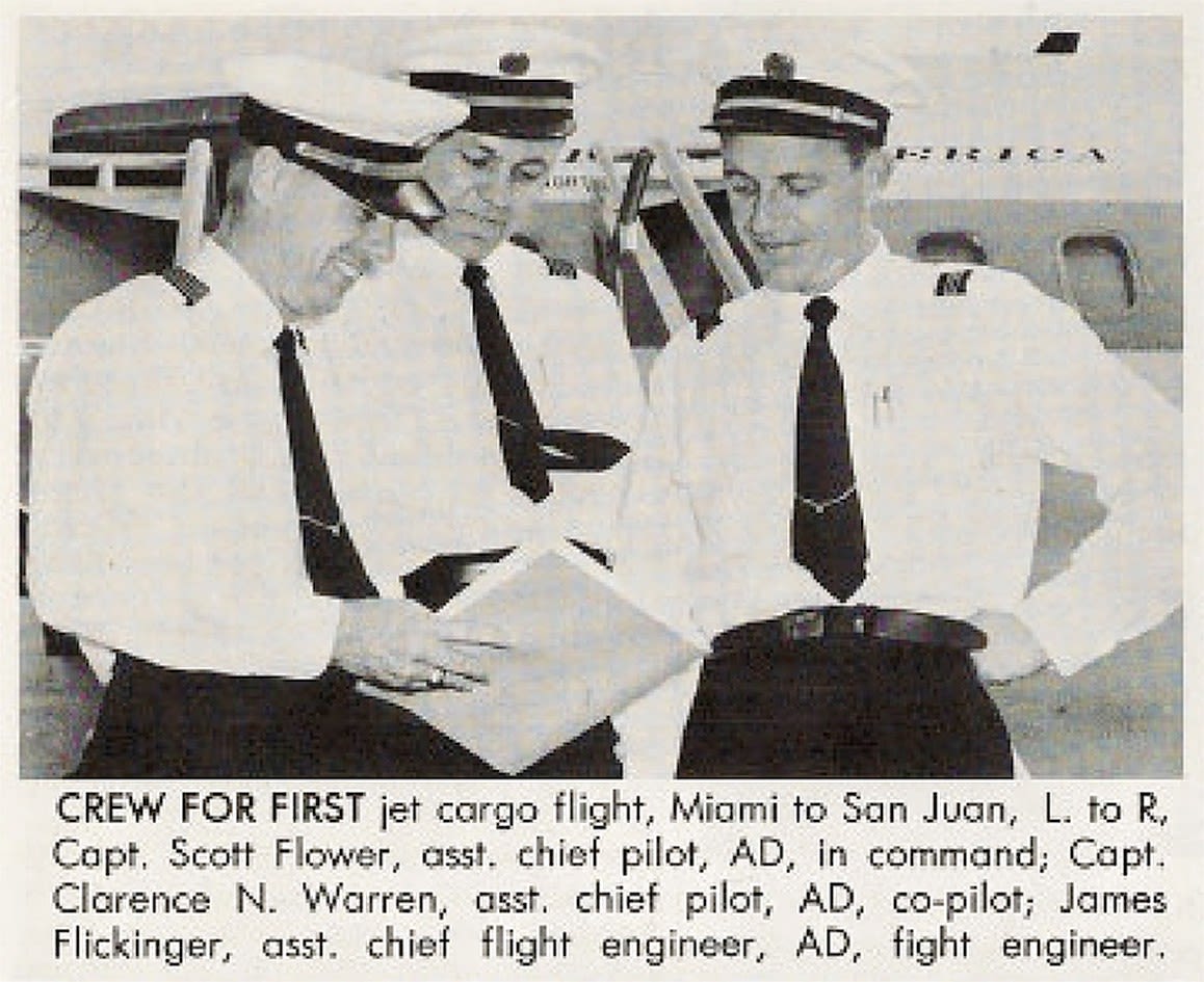 Scott Flower (left) with fellow pilots on the first 707 jet cargo flight from Miami to San Juan Puerto Rico, 1958. (Pan American Clipper, September 1958, p. 8 (University of Miami Special Collections).