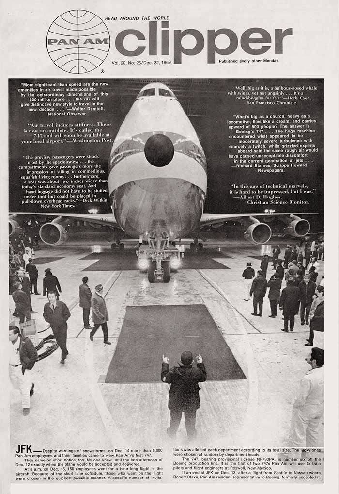 View of the first 747 (N733PA) delivered to Pan Am. Cover photo taken December 14, 1969 at JFK. ("Pan Am Clipper," December 22, 1969, University of Miami Special Collections).