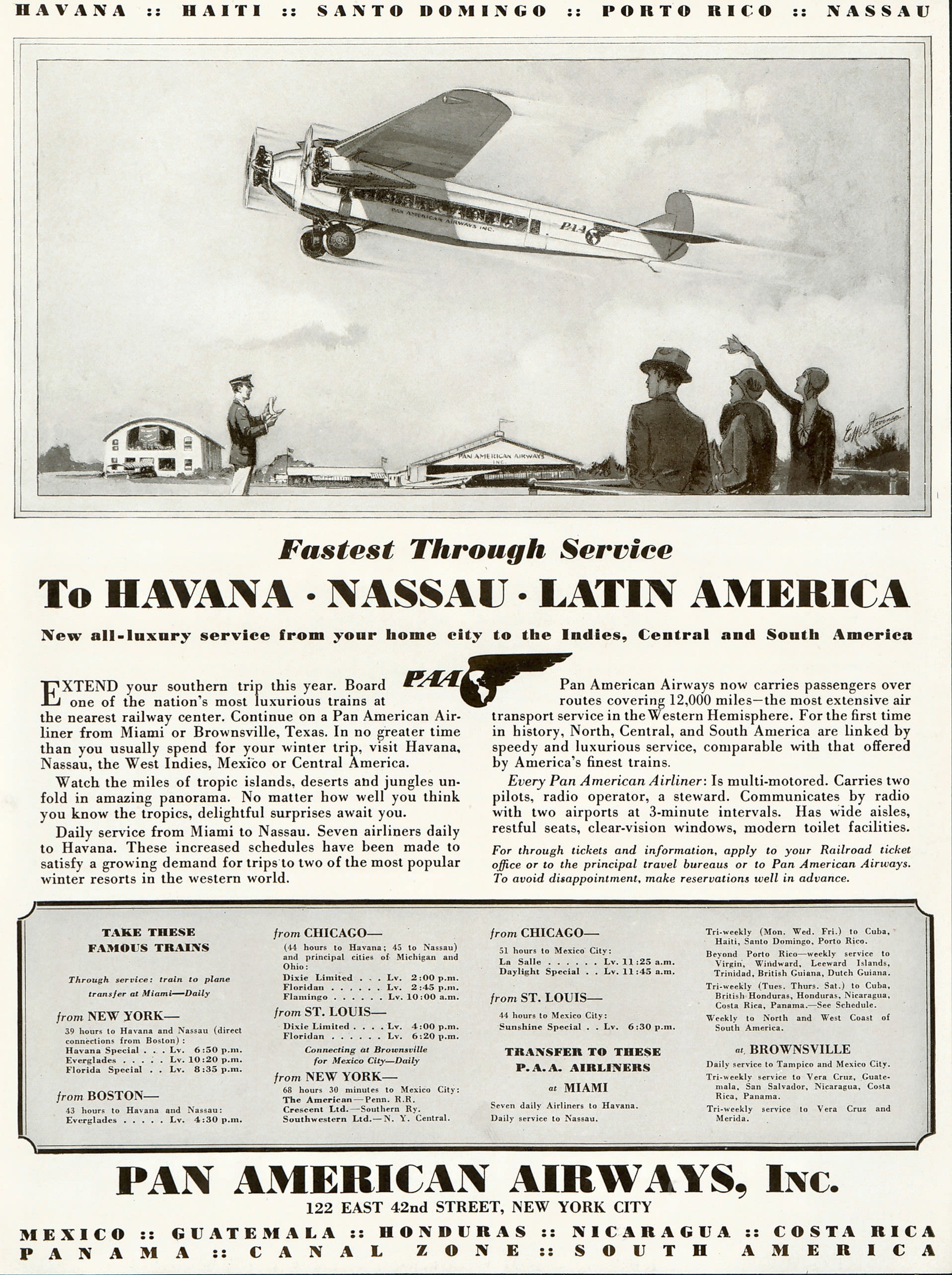 Pan Am Ad c. 1930 Fastest through Service to Havana, Nassau, Latin America (PAHF Collection)