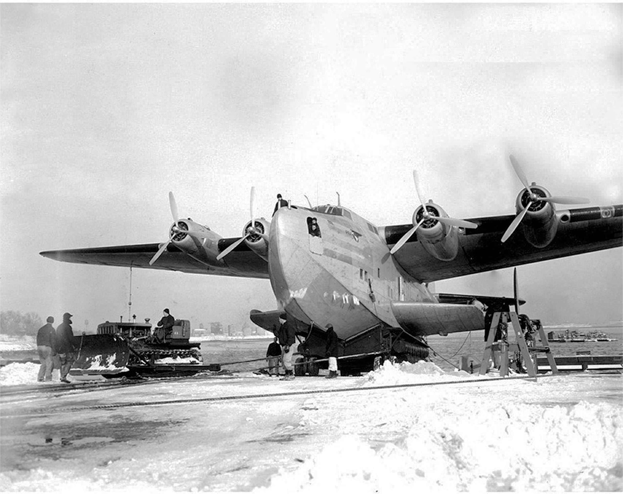 Pan Am B-314 in winter at the Marine Air Terminal, La Guardia, NYC.