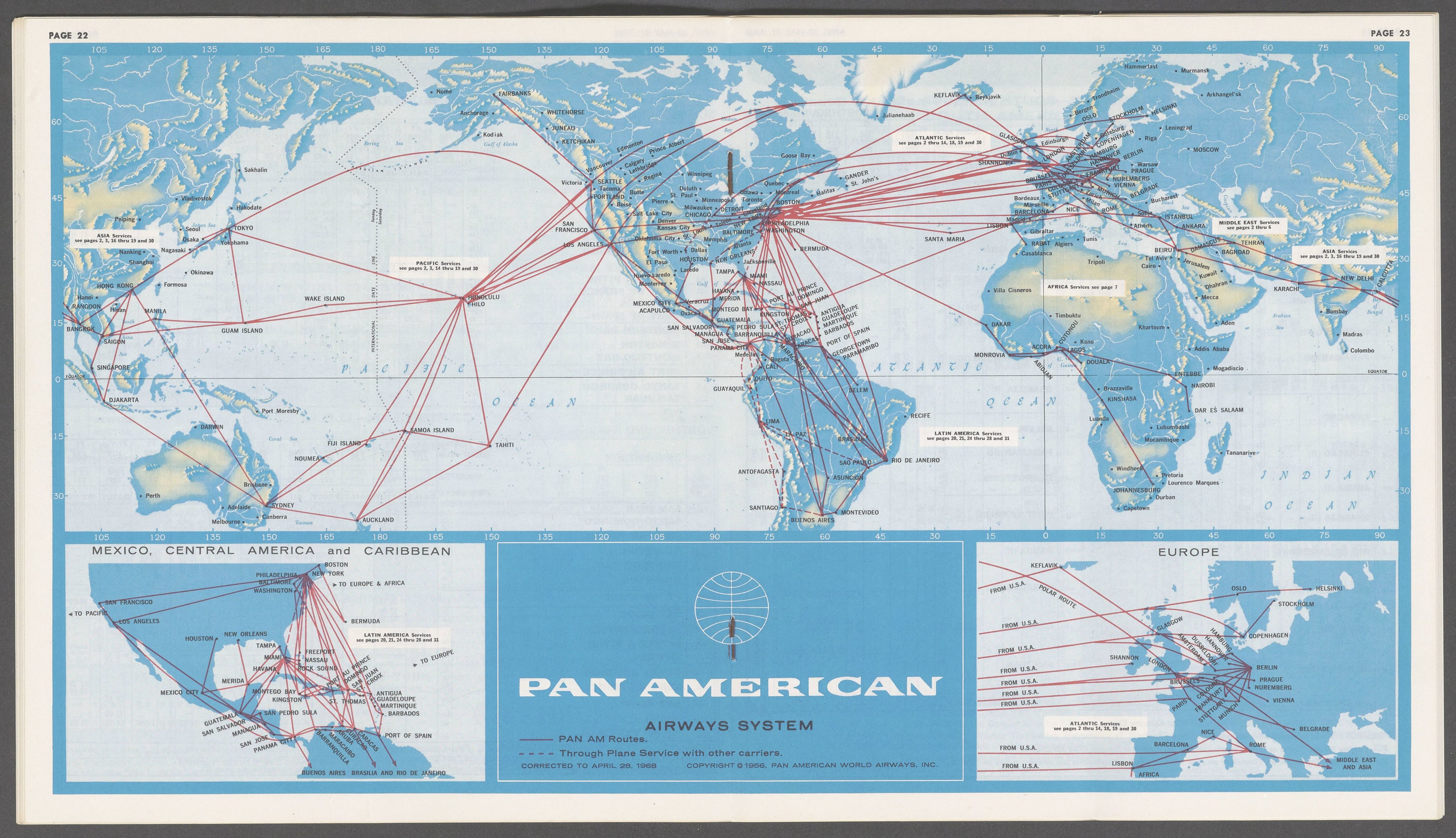 Pan Am Route Map,  April-May 1968. from "Pan Am system time table, p. 23 (University of Miami Special Collections) . https://digitalcollections.library.miami.edu/digital/collection/asm0341/id/35216/