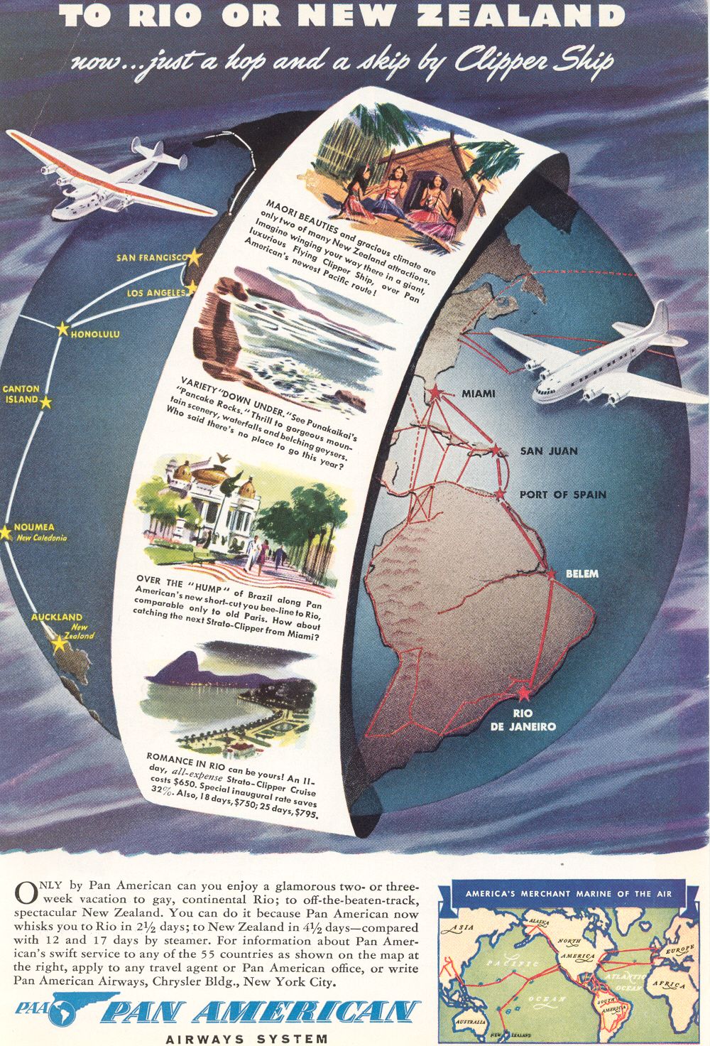1940 Pan Am ad: To Rio or New Zealand now...just a hop and a skip by Clipper Ship