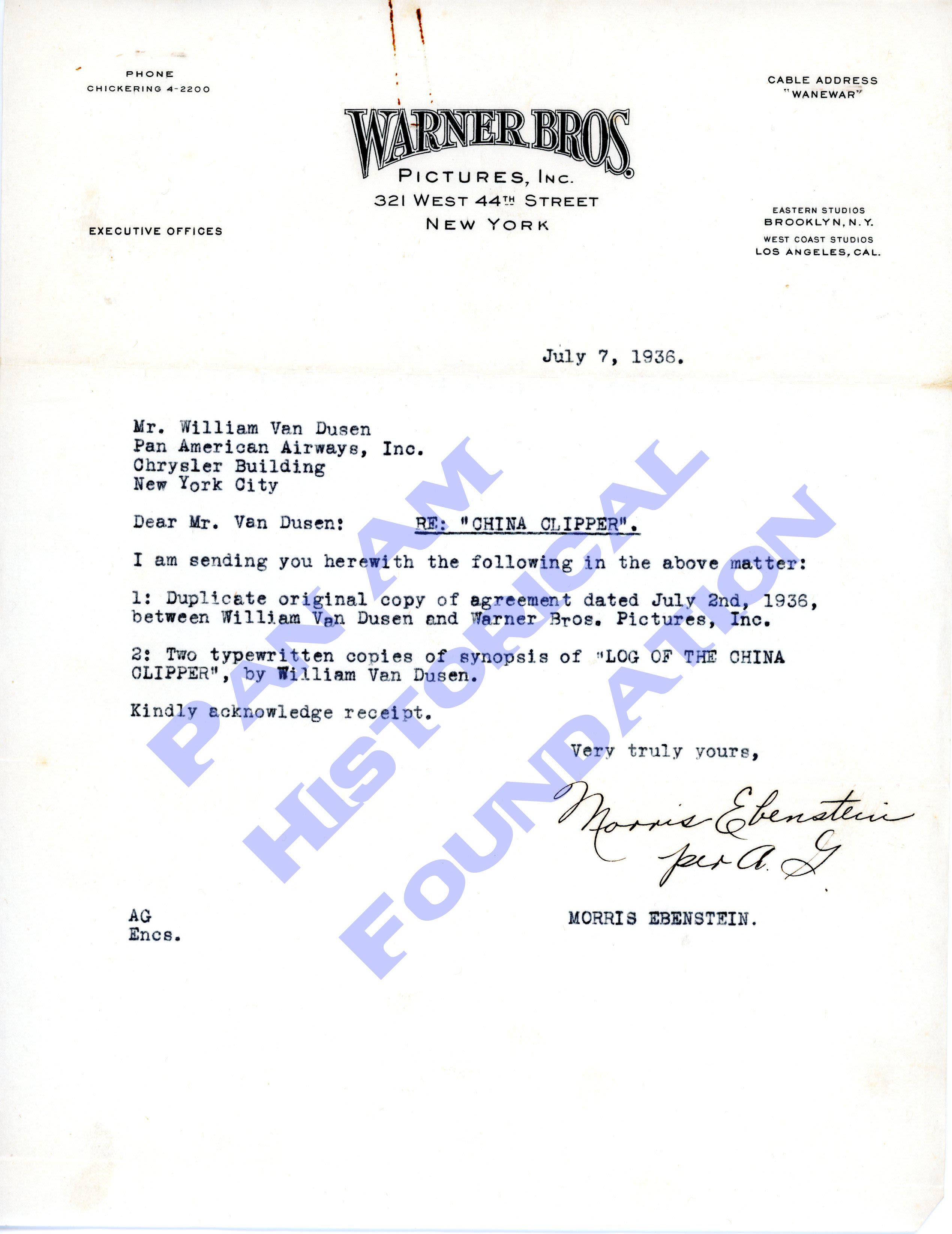 1936 letter from Warner Brothers Publicist Morris Ebenstein to Pan Am's W.I. Van Dusen, regarding the "China Clipper" movie (PAHF/Johnson Collection).