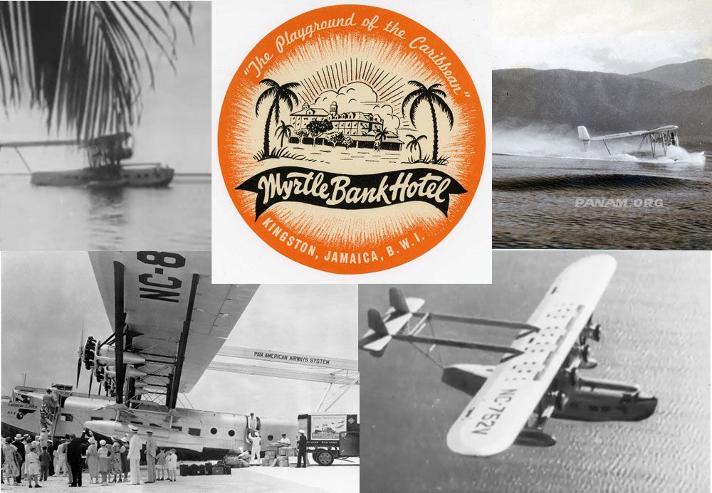 Clockwise: Sikorsky S-40 in the West Indies; Myrtle Bank Hotel luggage tag c. 1930s; Sikorsky S-38 Pan Am Southern Clipper; Pan Am Caribbean Clipper (Pan Am Historical Foundation Collection).