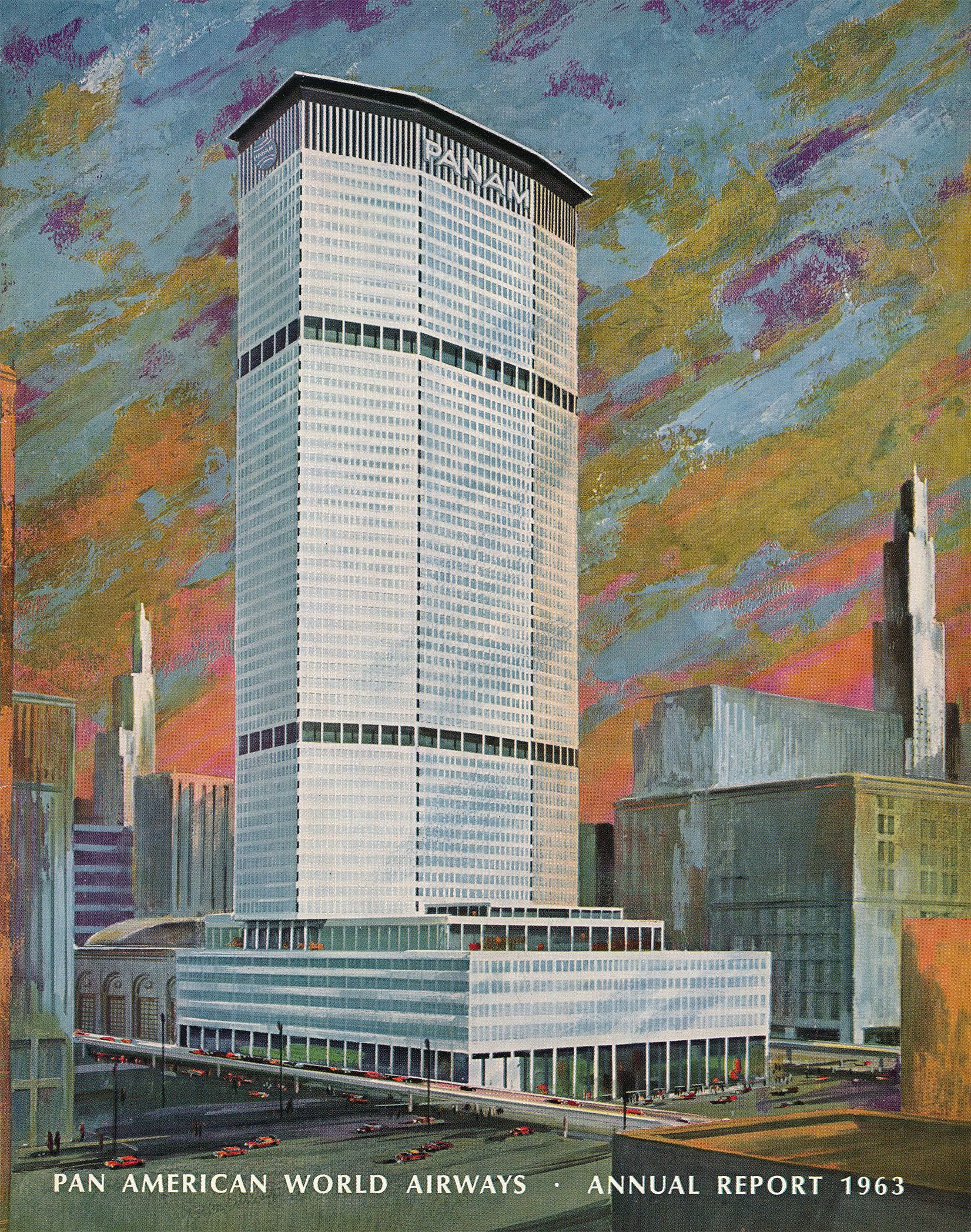 Pan Am Building concept on the cover of the Pan American World Airways 1963 Annual Report (PAHF Collection).