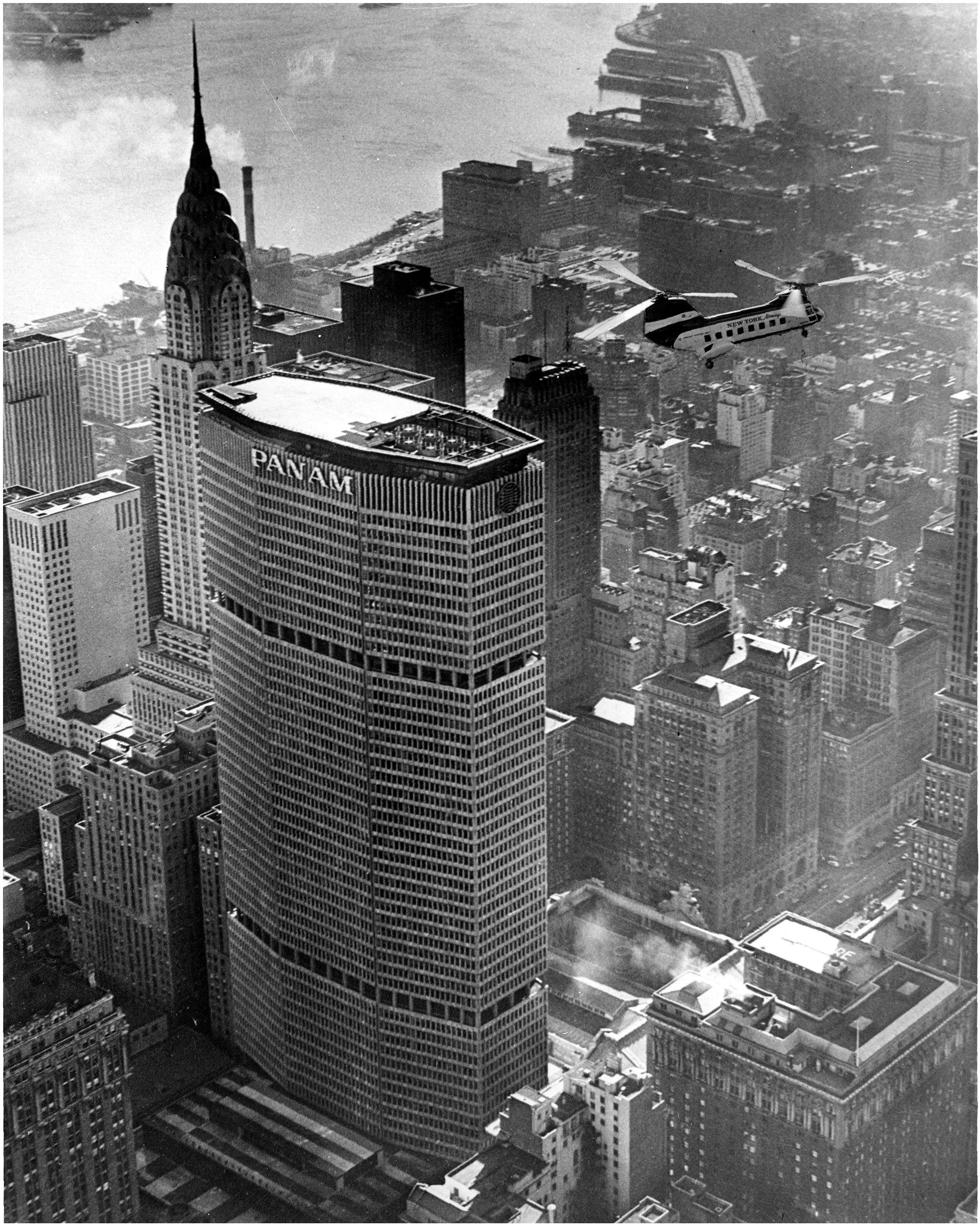 New York Airways helicopter taking off at the Pan Am Building over Grand Central Terminal, northwest view (PAHF Collection).