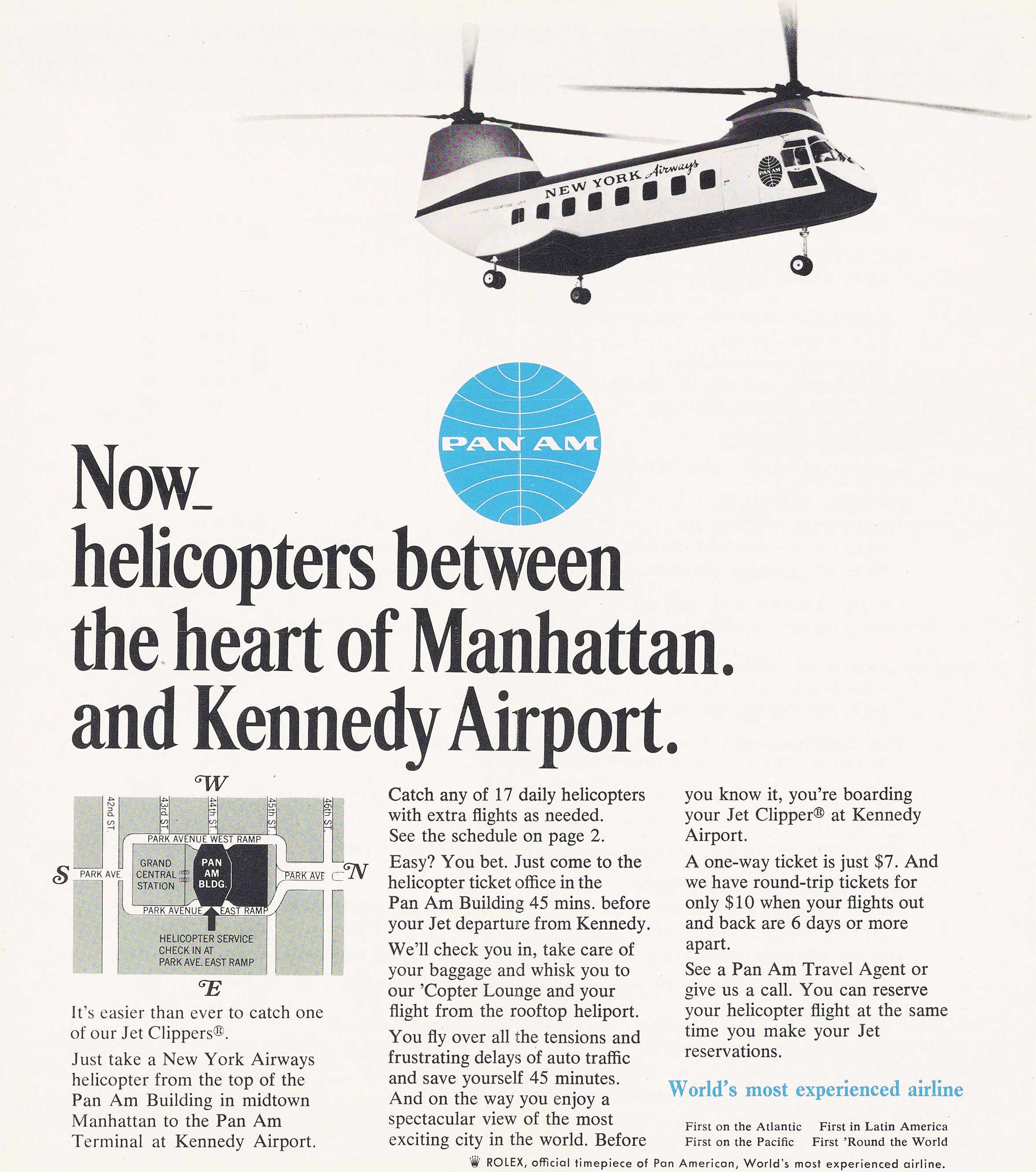 Helicopter advertised in February 1-28, 1966 Pan Am Timetable, p. 2 (University of Miami Special Collections, Pan American World Airways, Inc. records). https://digitalcollections.library.miami.edu/digital/collection/asm0341/id/27137