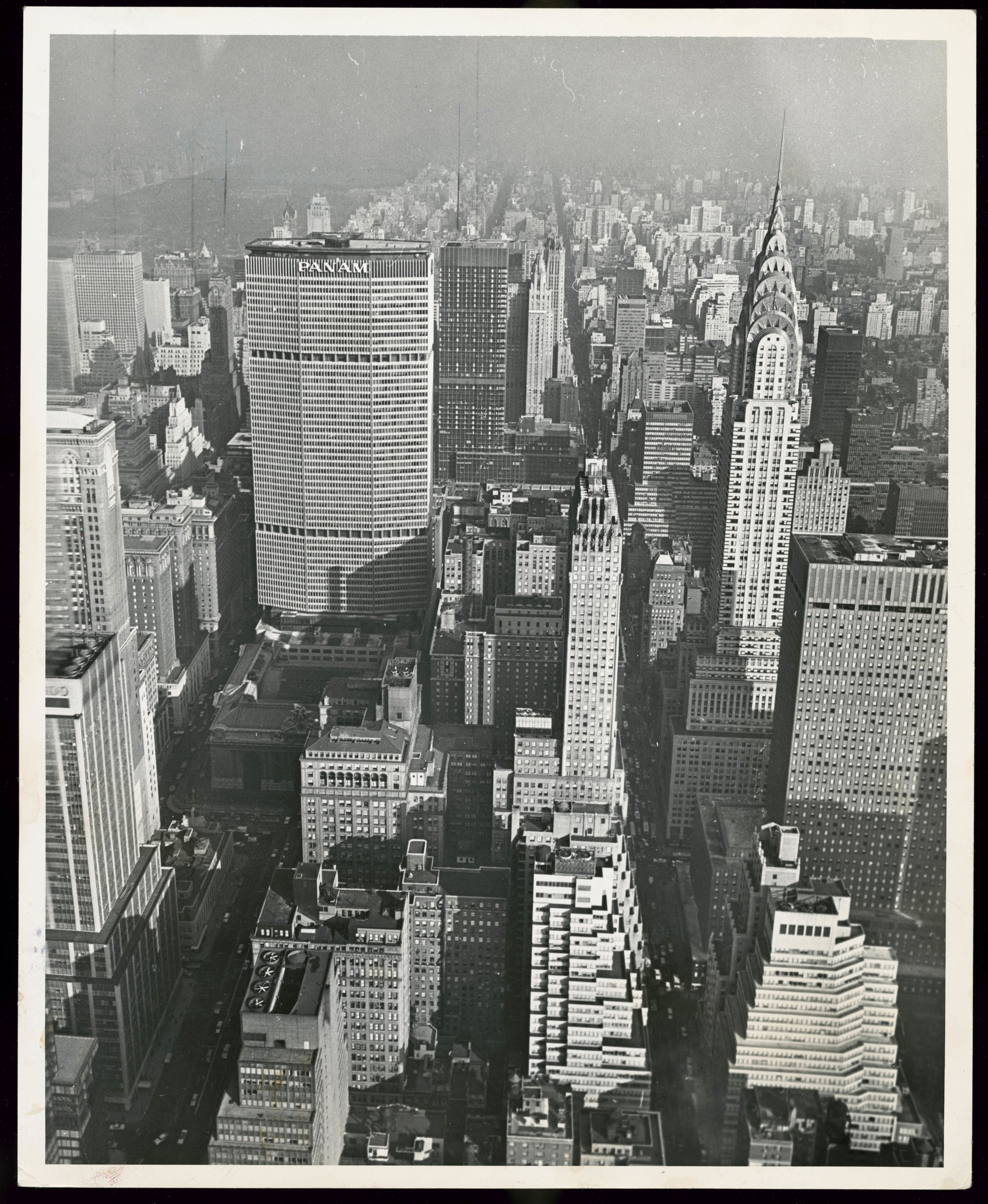 Source: Library of Congress, New York World-Telegram and Sun Newspaper Photograph Collection. Pan Am Building, New York City, aerial view: "Photograph shows an aerial view of midtown Manhattan, including the Chrysler Building and the Pan Am Building, later known as the MetLife Building." 1964, by Herman Hiller photographer. 