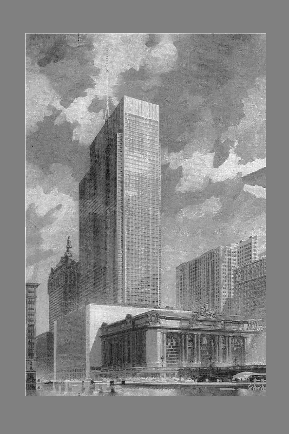 While many proposed tearing down Grand Central, this 1955 concept by Emery Roth and Sons would preserve the Beaux Art building (Architectural Forum, 1955).