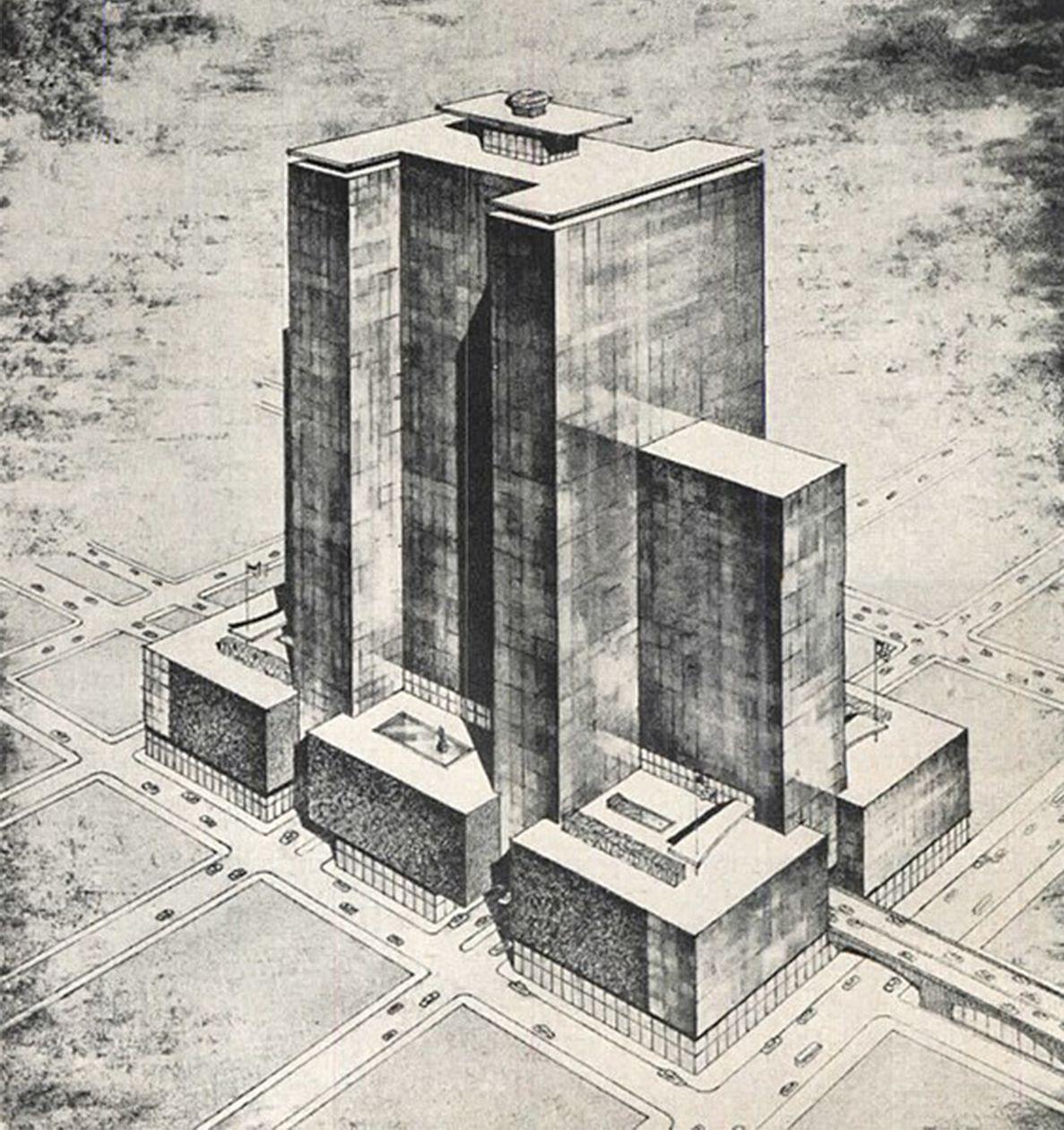 1954: Alfred Fellheimer and Stewart Wagnar's proposed replacement for Grand Central Terminal, drawn by its own lead architect about 40 years later.