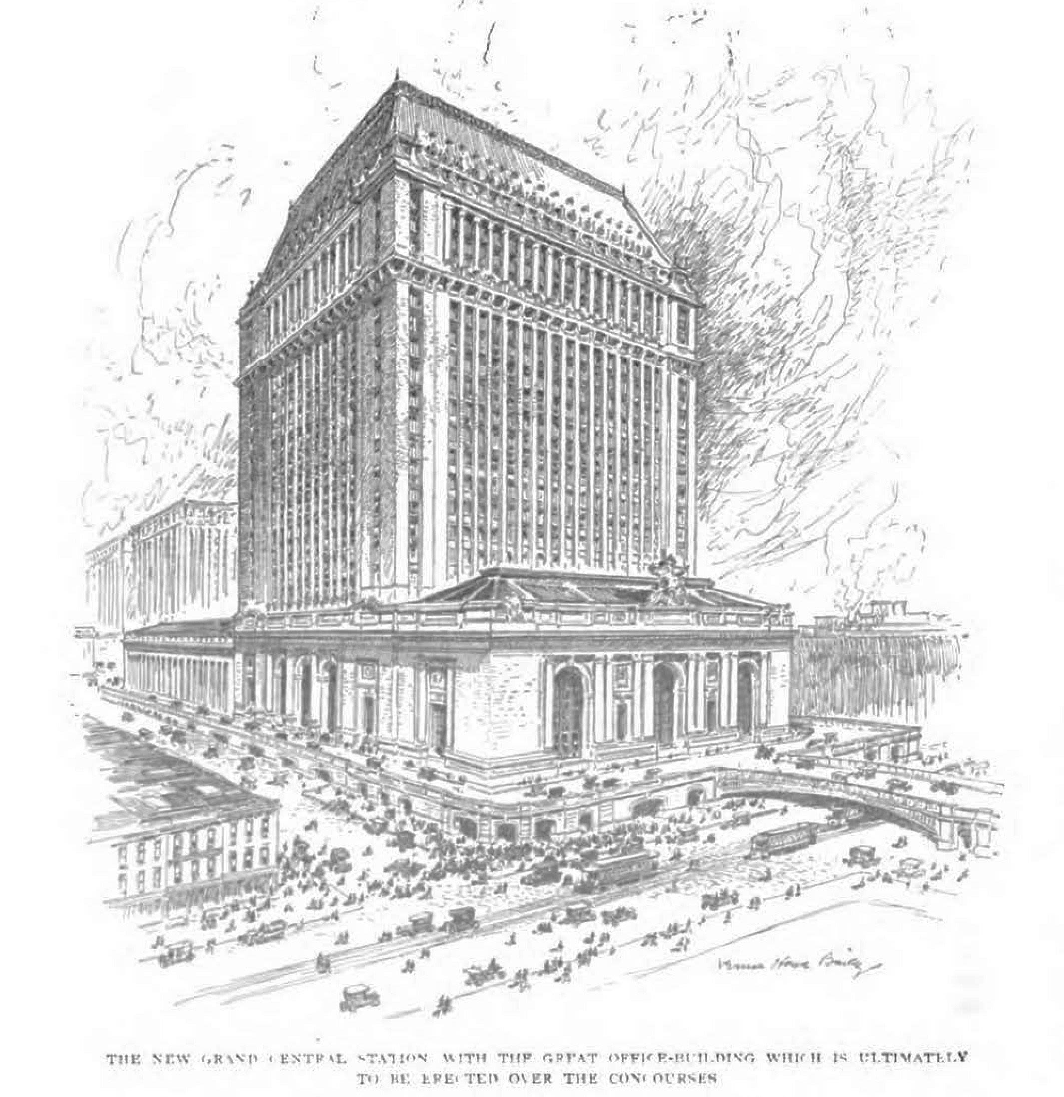 Illustration of an architectural plan drawn by American artist Vernon Howe Bailey: "The New Grand Central Station with the Great Office Building which is ultimately to be erected over the concourses." The article, "The Greatest Railroad Terminal in the World," reported on New York Central's costly improvement scheme. Munsey's Magazine, 1911, p. 32 (Hathi Trust).