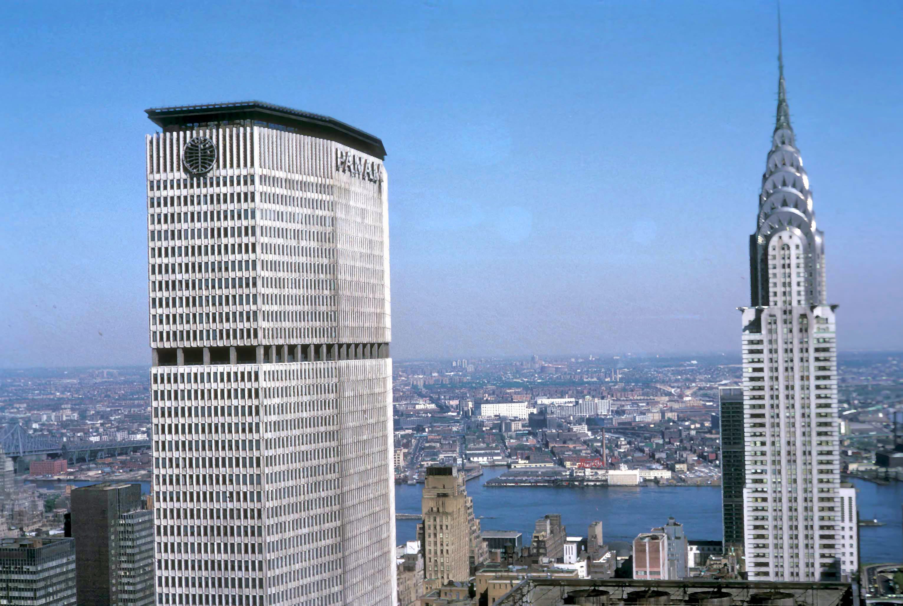 New York, Manhattan, Pan Am Building (left) and Chrysler Building (right). Color still image by Harrison Forman, ca. 1969 (Courtesy of University of Wisconsin, Milwaukee, Digital Collection).